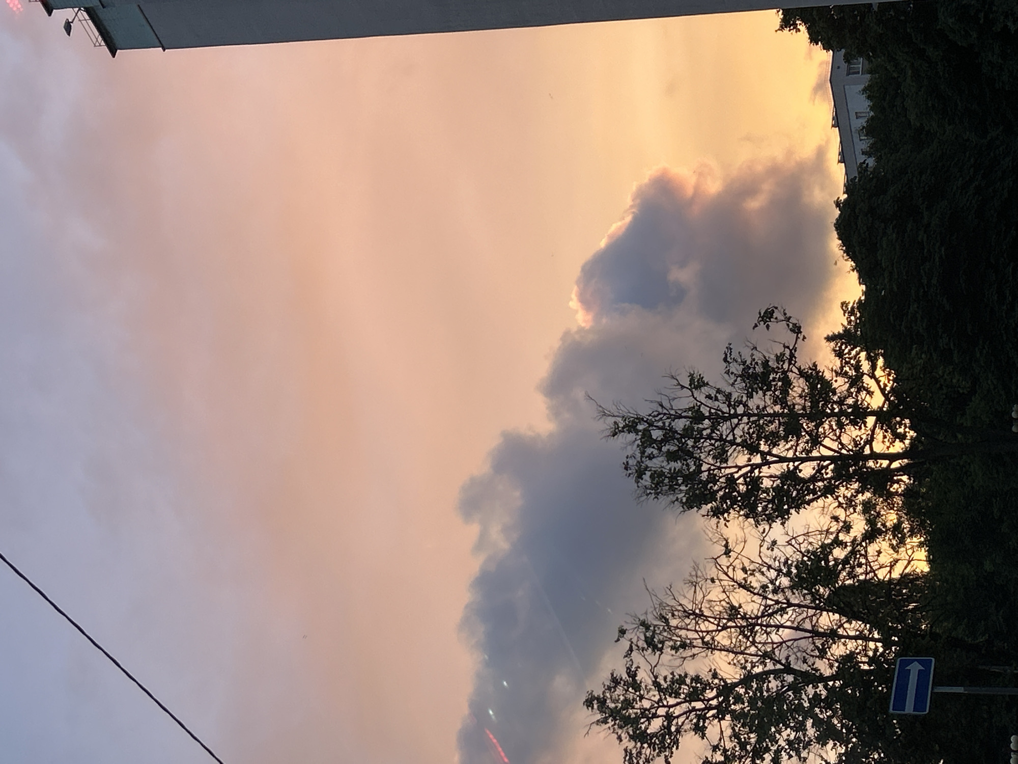 The image depicts a sky at sunset with vibrant hues of orange, yellow, and pink. Dark clouds are juxtaposed against the brighter sky, creating a dramatic contrast. Silhouetted against the colorful sky are the dark shapes of trees and the edge of a building. On the right side of the frame, a dense cluster of dark green foliage suggests a line of trees. A building with multiple windows can be seen partially obscured by the trees. In the lower right corner, a blue traffic sign with a white arrow pointing upwards is visible. The scene appears to be set in an urban environment, possibly Minsk, Belarus, given the location context. The presence of the building and traffic sign indicate a developed area. The time of day is clearly sunset, suggested by the warm, fading light and the colors in the sky. There are no people visible in the image, and the overall mood is serene and atmospheric. A thin black wire runs diagonally across the lower left portion of the image.