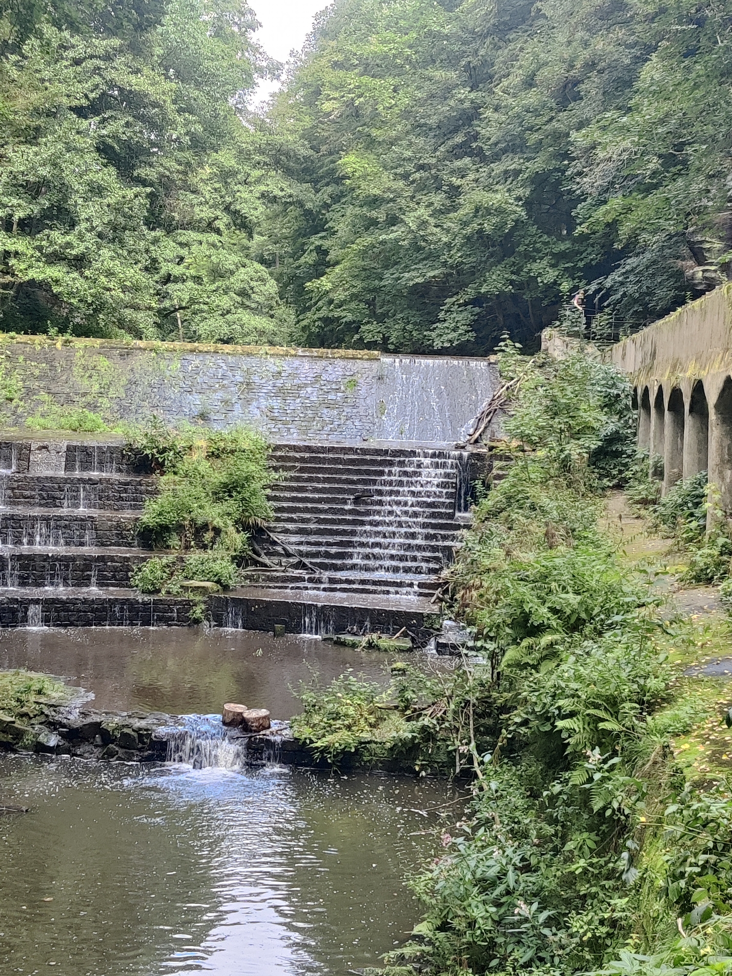 The image shows a tiered waterfall in a forested area. The waterfall is made of stone steps, with water cascading down each level. The surrounding environment is lush with greenery, with trees and bushes visible on either side of the falls. In the background, there is a stone wall with arches. The scene appears to be in a natural setting, possibly a park or a nature reserve. There are no visible people in the image, but the presence of a railing and a path suggests it is a public area. The water is a dark, murky color, and the overall atmosphere is serene and tranquil. The tiered waterfall structure appears to be man-made, possibly part of a dam or an artificial cascade. The stone work is weathered, indicating age. The vegetation is dense and appears to be a mix of trees, ferns, and other undergrowth. The lighting suggests it is daytime, with some areas in shadow due to the tree canopy.