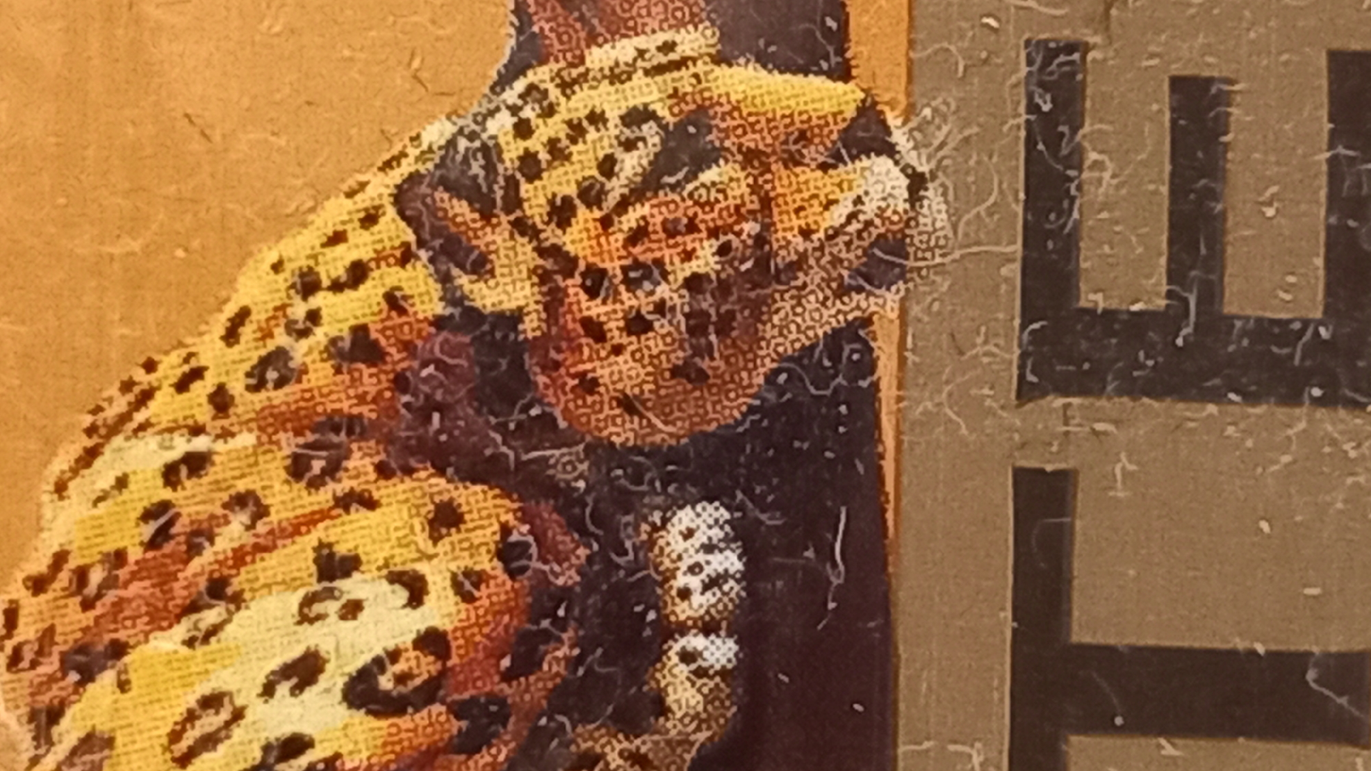 This is a close-up, low-angle shot of a leopard's fur pattern and part of what appears to be a wooden surface with large, dark letters. The leopard's fur is yellow with black spots and some reddish-brown markings. Its head is resting on a dark surface, possibly a table or shelf. The large letters below the leopard appear to spell out "TE," with the "T" being partially visible on the left and the "E" more fully visible on the right. The background is a textured, light brown surface, possibly a wall or a piece of paper. There are also fine, white, stringy elements scattered across the image, which could be dust or debris. The image is cropped and focuses on the texture and pattern of the leopard and the lettering. It is impossible to determine the location in the city of Kos, Greece, from this image.