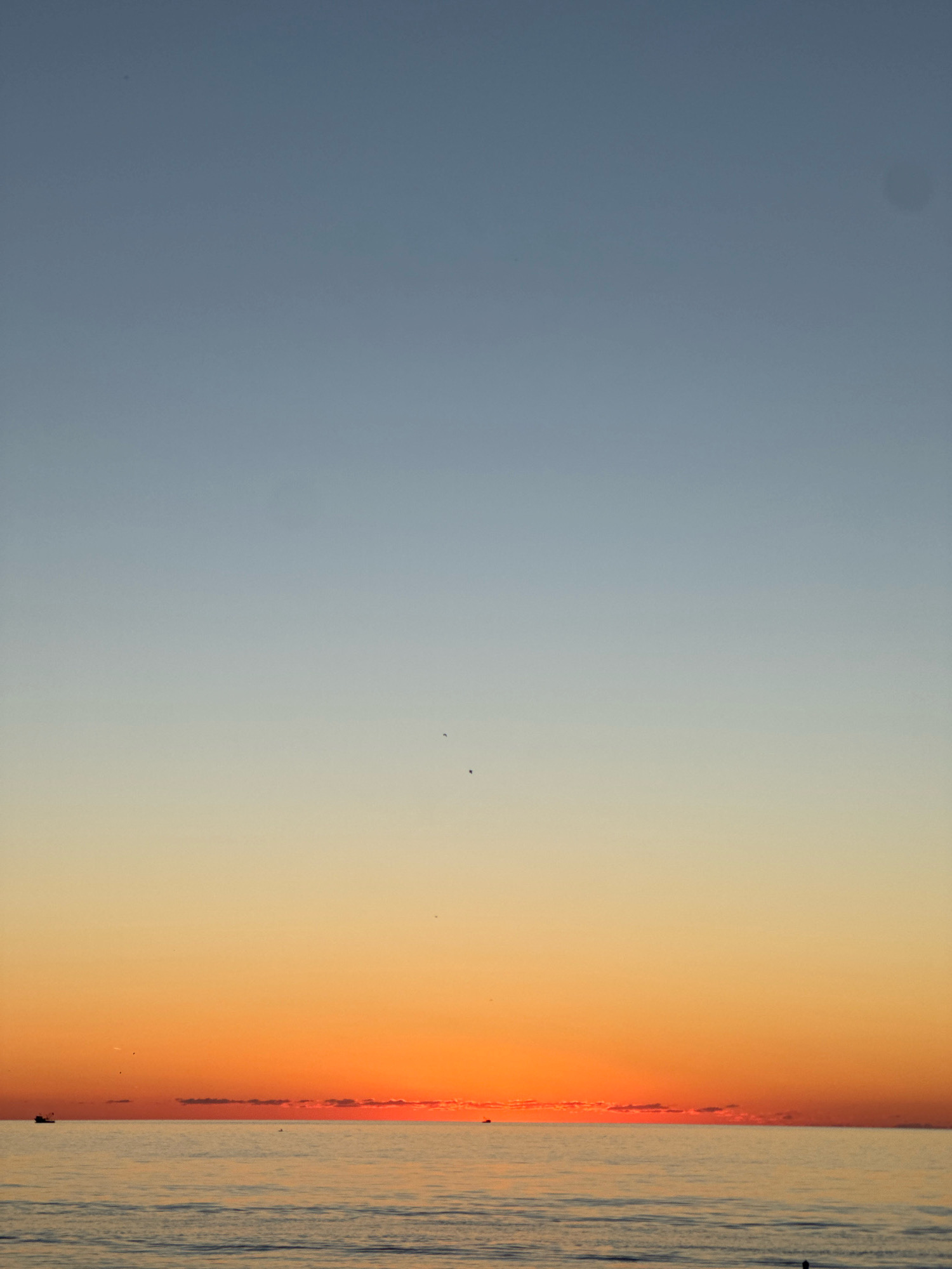 A serene ocean horizon under a gradient sky of soft blues and vibrant oranges, indicative of a sunrise or sunset. The tranquil sea reflects the warm hues of the sky, creating a peaceful ambiance. On the left side of the frame, a small fishing boat is visible, its silhouette stark against the bright horizon. Further out, a few scattered clouds add texture to the colorful sky, and a couple of tiny birds are captured in flight. The image appears to be taken from a beach or a coastal vantage point, suggesting a location such as the Batumi coastline in Georgia.
