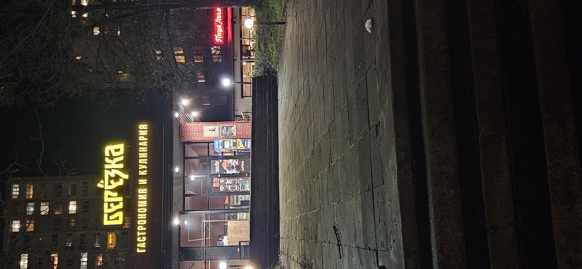 The image shows a storefront at night. The sign "Берёзка ГАСТРОНОМИЯ И КУЛИНАРИЯ" (Beryozka GASTRONOMY AND COOKERY) is illuminated above the store. There is a restaurant named "Пица Того" (Pizza Togo) on the corner of the building. An ATM is visible inside the store. The photograph appears to have been taken from a lower vantage point, such as near the foot of stairs. The location is in Sofia, Bulgaria. There are trees and lit windows of a multistory apartment building visible in the background.