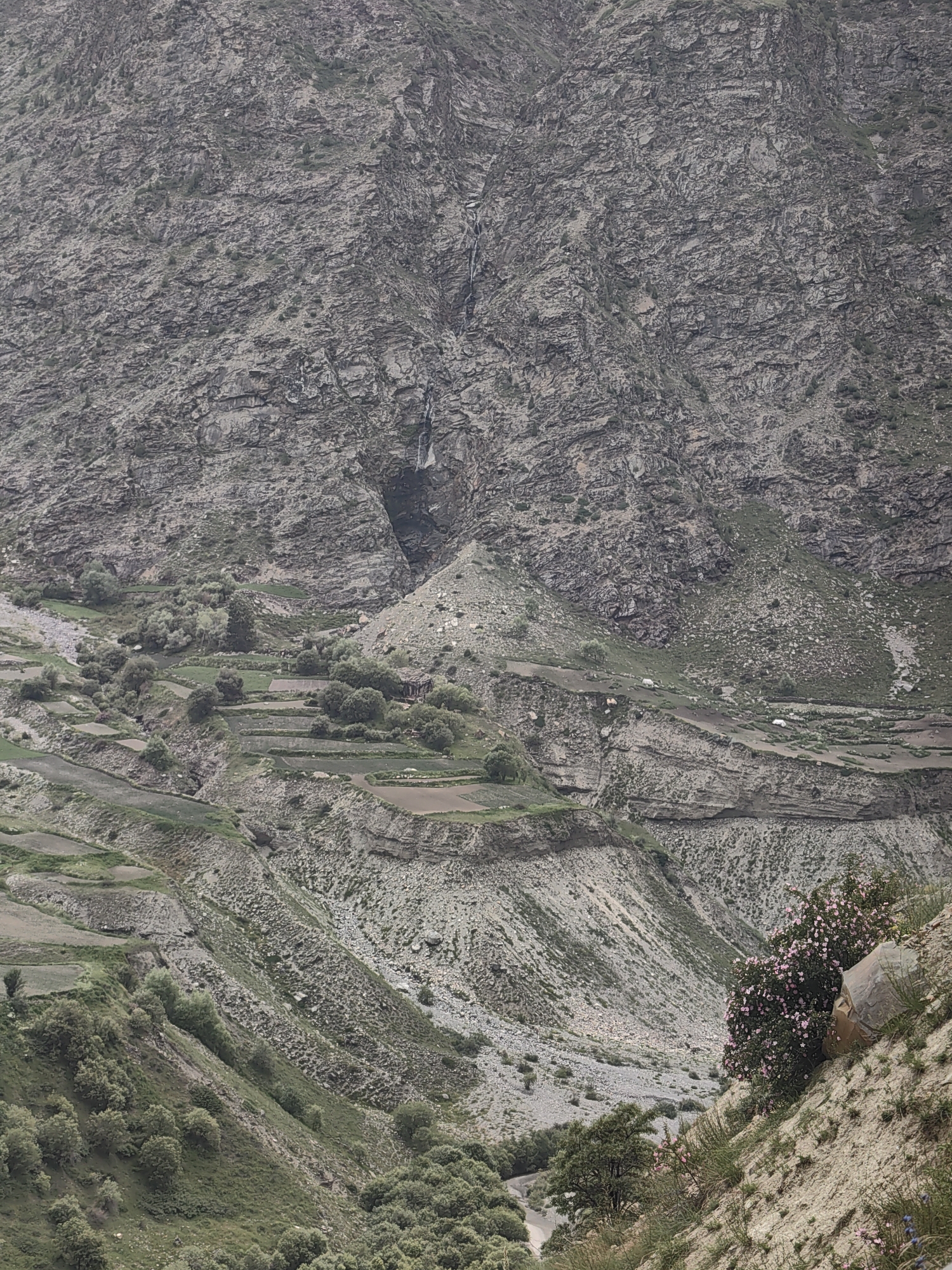 The image depicts a mountainous landscape near Tandi, India. The terrain is rugged and rocky, with steep slopes covered in sparse vegetation. Terraced fields, indicative of agriculture, are visible on the lower slopes, interspersed with trees and shrubs. A narrow stream or dry riverbed winds through the valley. In the upper part of the image, a thin waterfall cascades down the rocky face of the mountain. A few small structures, possibly homes or sheds, are scattered on the gentler slopes. The overall impression is one of a remote and sparsely populated rural area.