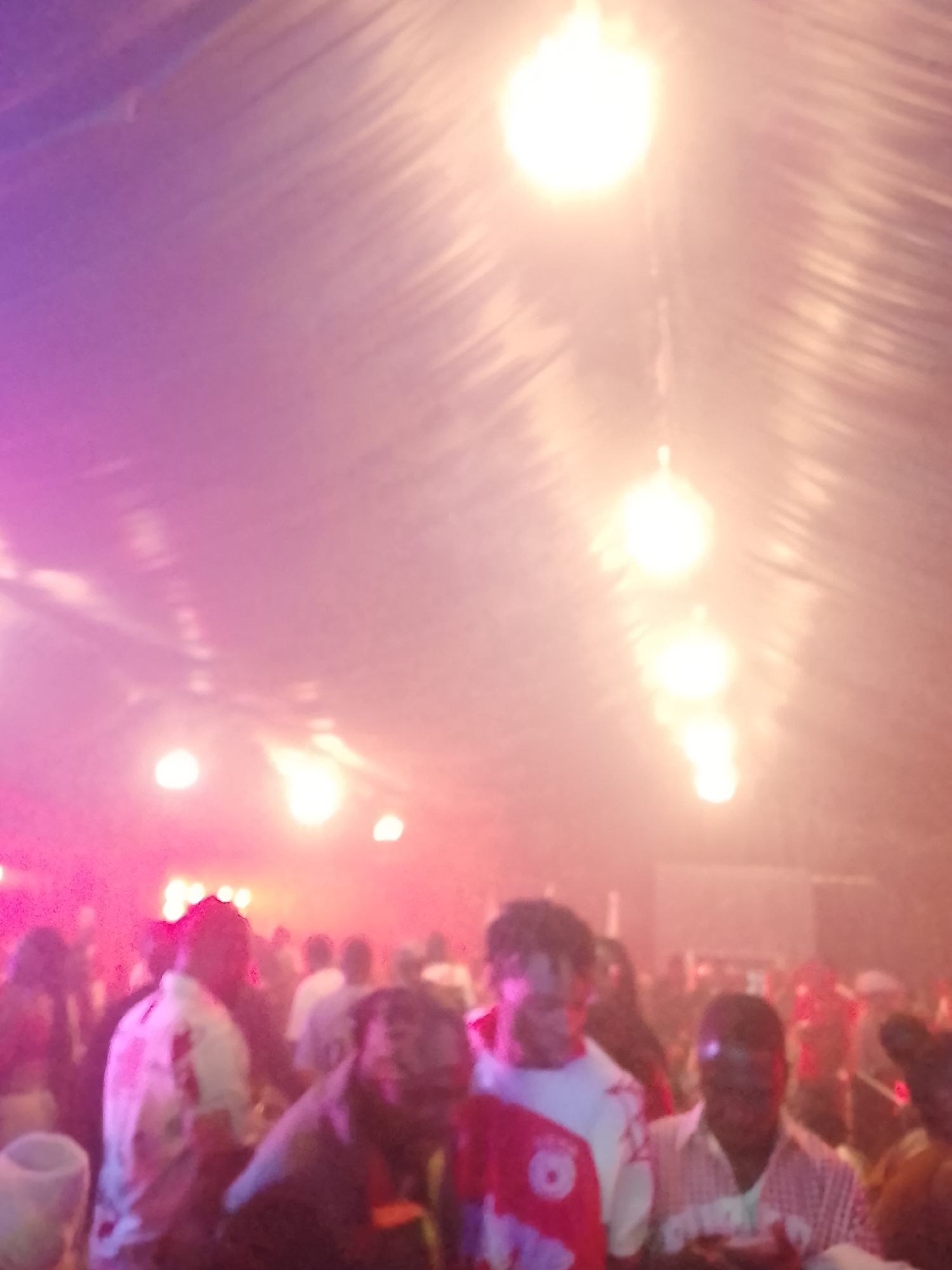 The image captures an indoor gathering at night in Rido, Nigeria, characterized by a lively atmosphere under artificial lighting. The setting appears to be a large tent or hall, evidenced by the high, textured ceiling, possibly made of canvas or fabric. A series of bright, spherical lights hang from the ceiling, providing warm illumination, while a pink and purple ambient light bathes the left side of the scene, suggesting dynamic event lighting.
Numerous people are gathered, filling the lower two-thirds of the frame. The faces of most individuals are indistinct due to the low light and motion blur, conveying a sense of movement and crowd. In the foreground, several individuals are more clearly visible. On the left, a person wears a white shirt with red or pink patterns. To their right, another individual is seen in a white and red patterned shirt. On the far right foreground, a person in a red and white checkered shirt is looking downwards, possibly at a device. A white cup or container is visible in the bottom left corner of the image.
The activity taking place is clearly a social event, likely a party, concert, or celebration, given the large crowd, the festive lighting, and the general buzz. The time of day is night, indicated by the complete reliance on artificial light sources. No specific weather conditions are discernible as the event is indoors. No visible text can be clearly identified within the image. The overall impression is one of a vibrant, crowded, and engaging social occasion.