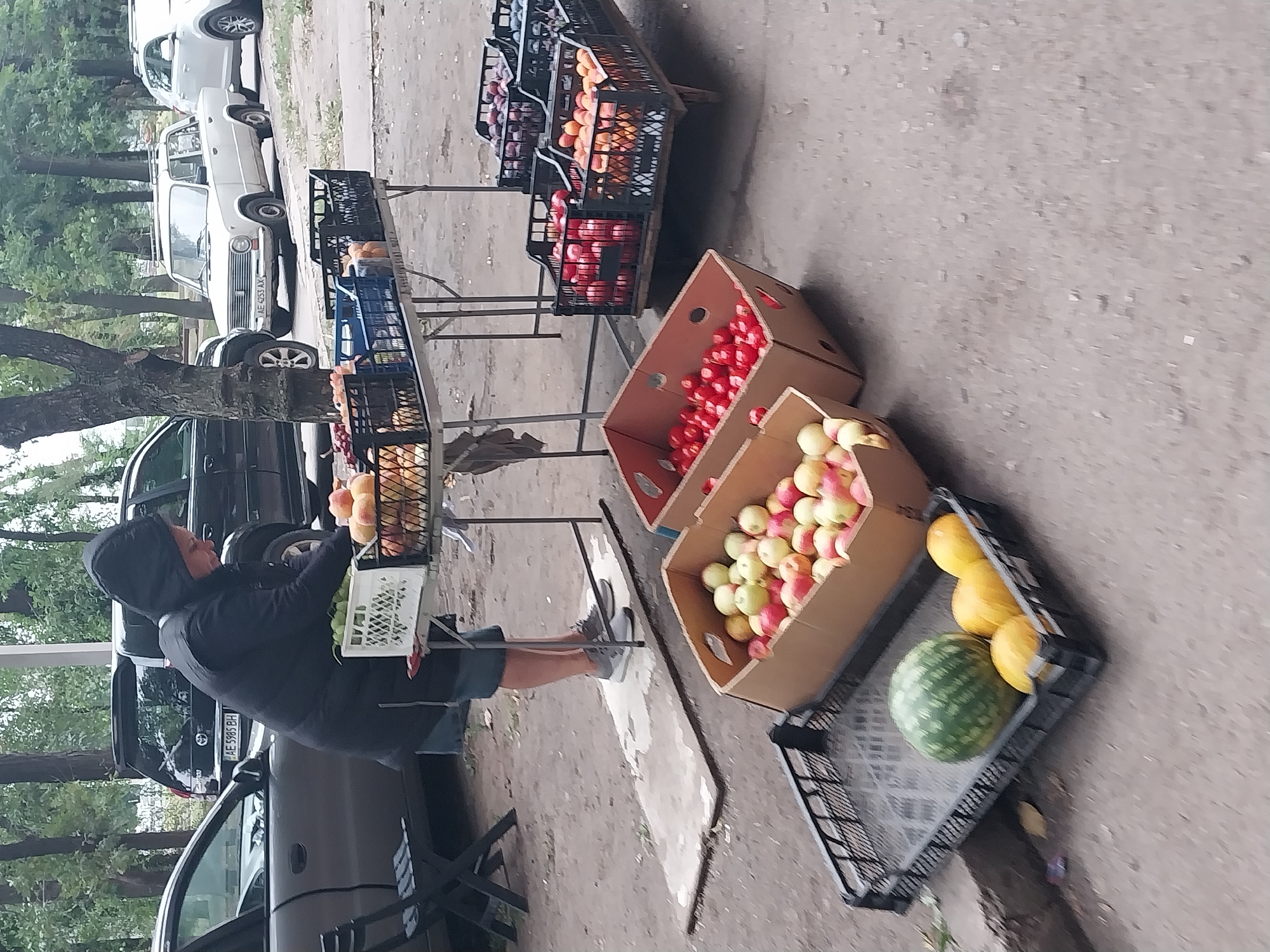 The image depicts an outdoor fruit stand likely in Dnipro, Ukraine. A person wearing a hooded jacket and jeans is seen tending to the produce. In the foreground, a black plastic crate holds a watermelon and three yellow melons. Behind this crate, a cardboard box is filled with red and yellow apples. Further back, another cardboard box overflows with apples. To the right, two black plastic crates sit on a wheeled cart, one filled with red apples and the other with oranges. A white table displays a crate of grapes and peaches, with a person's lower body visible behind it. Several cars are parked in the background, including a white sedan and a dark SUV, suggesting an urban or suburban setting. The ground is paved with asphalt, and trees with green foliage line the area.