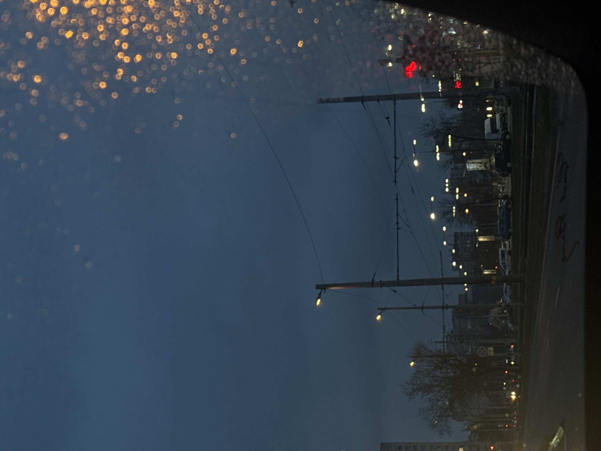 The image, taken from inside a vehicle, depicts a street scene in Sofia, Bulgaria, at dusk or night. The windshield has water droplets causing bokeh effects at the top. Streetlights illuminate the right side of the frame, along with overhead trolley wires and poles. Buildings are visible along the street. Bare trees are also present, and cars line the street. The sky is a dark blue. The image is oriented vertically.