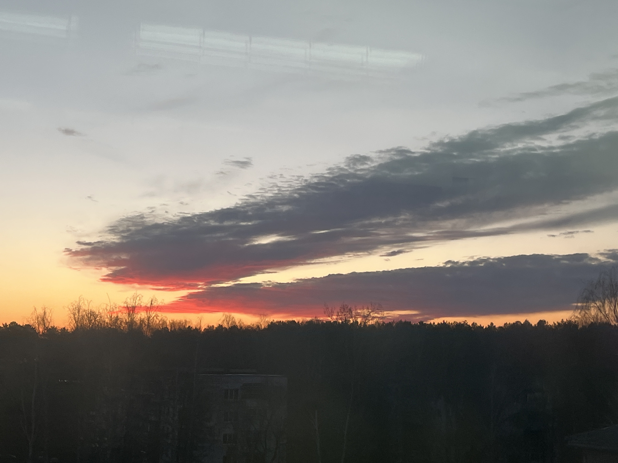 The image shows a sunset view over Chaikovsky, Russia. The sky transitions from light gray at the top to shades of orange and red near the horizon. Dark, layered clouds stretch across the sky. Below the horizon, a dense treeline of mostly deciduous trees is silhouetted. A building can be seen amidst the trees.