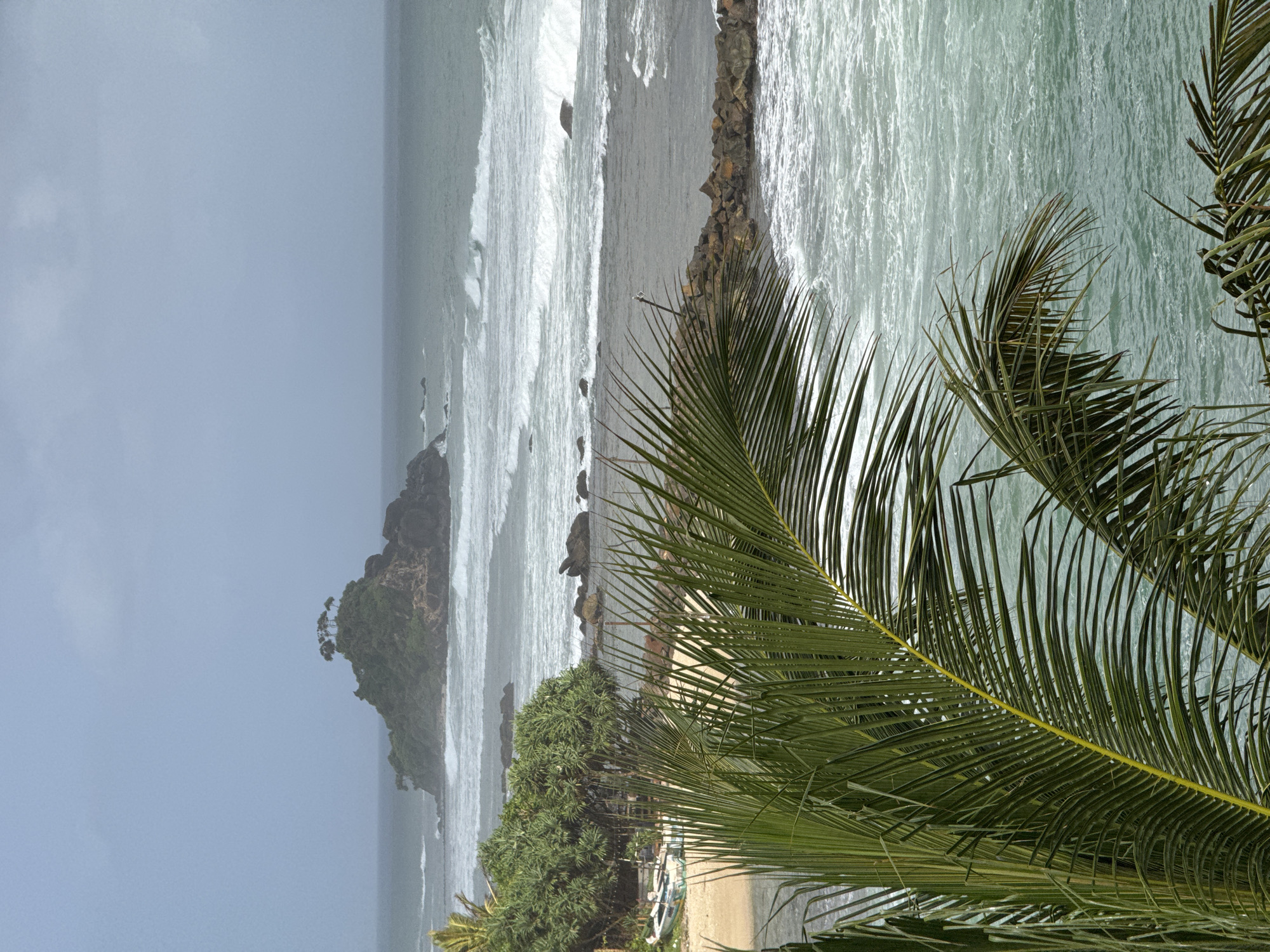 A medium shot captures a tropical island coastline under an overcast sky. In the foreground, a large frond of a palm tree with dark green leaves and a yellow stem dominates the left side of the frame. The frond extends from the lower left corner, partially obscuring the view of the ocean and beach.
Beyond the palm frond, a sandy beach is visible, with several small, weathered boats resting on the shore. Lush green vegetation, including trees with dense foliage, grows behind the beach. Scattered rocks are present on the beach and in the shallow water.
In the middle ground, the ocean displays moderate waves breaking as they approach the shore. Several dark rocks emerge from the water, forming a natural barrier or breakwater. A rocky pier or jetty extends into the sea from the right side of the frame.
Further out to sea, a small, rocky island with several trees clustered at its summit stands against the horizon. The sea stretches to the horizon, meeting a hazy, grey sky. The overall impression is of a slightly moody, tropical seascape. The location is identified as Goviyapana, Sri Lanka.