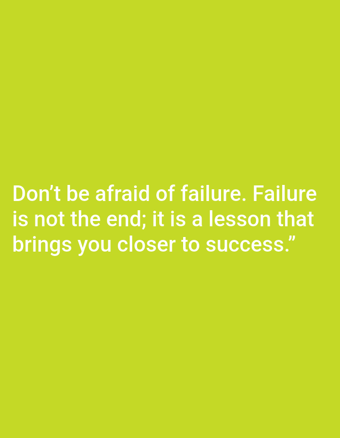 The image is a digital graphic with a lime green background. White text is overlaid on the bottom half of the image, centered. The text reads: "Don't be afraid of failure. Failure is not the end; it is a lesson that brings you closer to success.” There is no depiction of the city of Kota Negara Timur, Indonesia, or any people, subjects, or objects within the image itself.