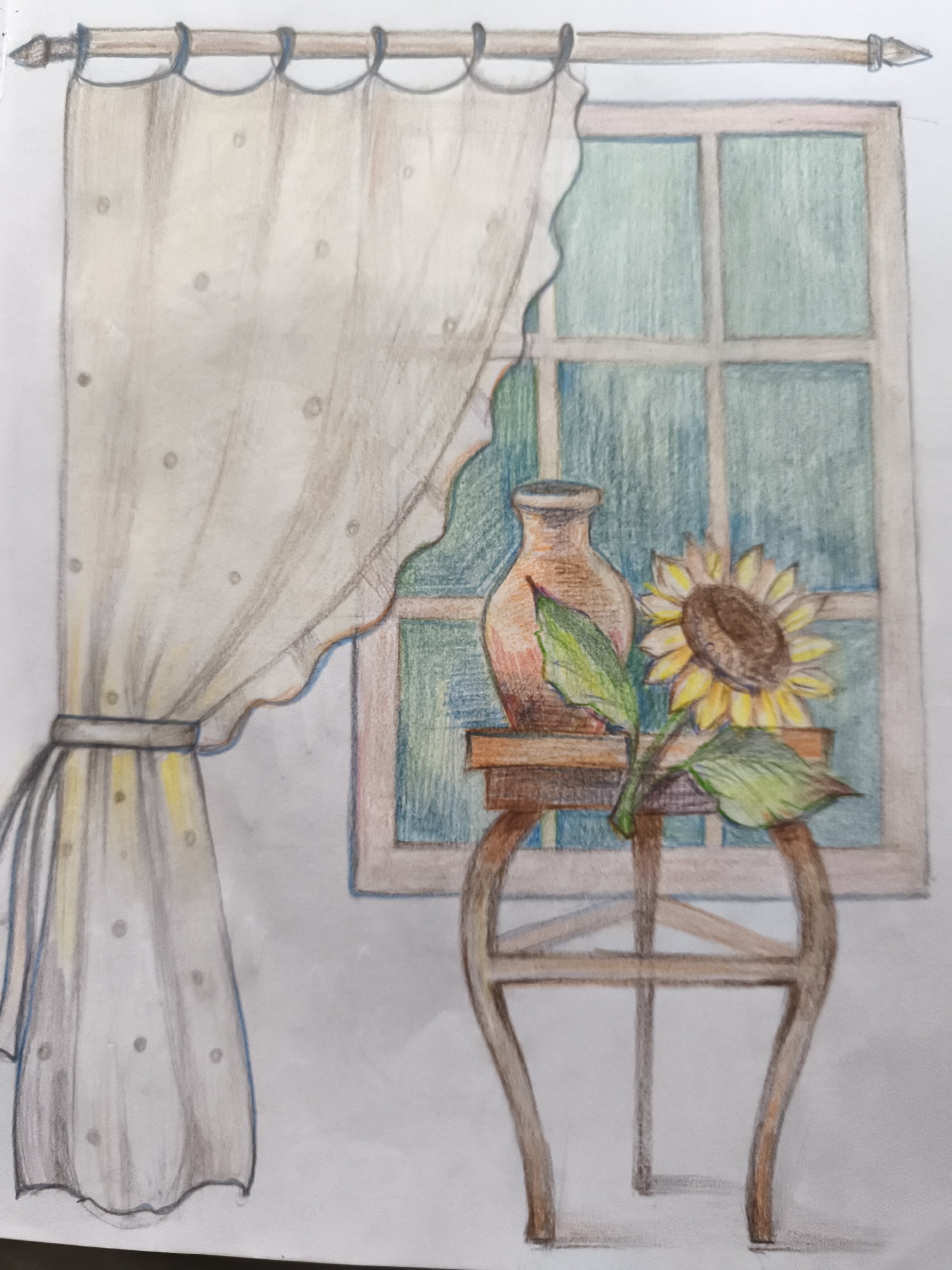 This is a colored pencil drawing depicting a still life scene. On the left, a sheer, light-colored curtain with polka dots is draped from a rod and tied back with a band. To the right, a window with a green-paned interior is visible. In front of the window, a small wooden table holds a terracotta vase and a sunflower. The vase is reddish-brown with some green leaves in front of it. The sunflower has yellow petals and a brown center, with green leaves attached to its stem. The drawing is rendered with soft, colored pencil strokes, creating a gentle and somewhat impressionistic feel. The overall setting appears to be an interior space, possibly a room with a view of a window. The question about the location in Saint-Denis, France, cannot be answered from the provided image.