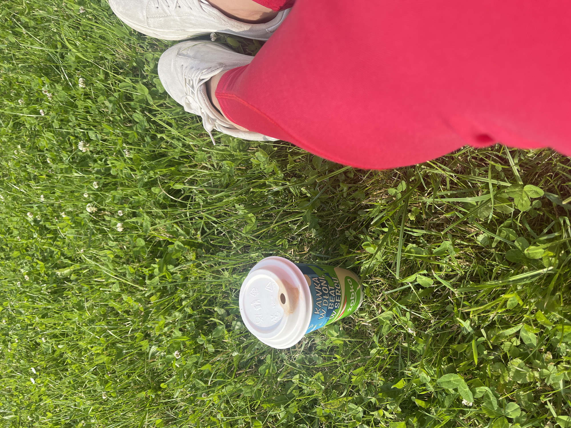 An outdoor, high-angle medium shot shows a paper coffee cup resting in lush green grass. The cup, with a white lid, features colorful branding with Polish text that reads "KAWKA W DŁONI, BEAT W SERCU" and the logo "Żabka." To the right, a person's legs are visible, clad in bright red leggings and white sneakers. The background is an expanse of green grass dotted with small white clover flowers, indicative of a park or lawn. The lighting suggests a sunny day.