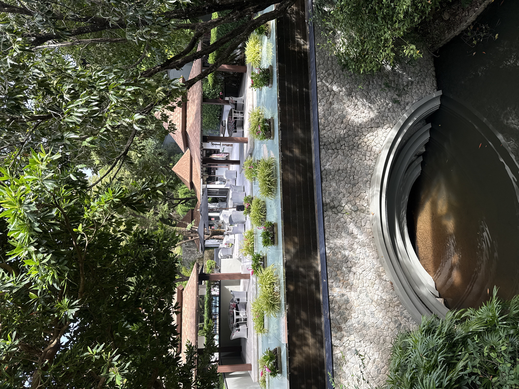 This image captures an outdoor seating area with several covered pavilions, a shallow water feature with potted plants, and a stone bridge with a large culvert. The scene is set in the city of Sakhu, Thailand. Lush green trees overhang the area, providing shade. In the foreground, a dark body of water flows through the culvert under the stone bridge. The water feature in the middle ground contains rectangular planters filled with vibrant green foliage and some pink flowers, with a few decorative pink flamingo figures visible. White outdoor furniture, including tables and chairs with striped cushions, is arranged within the pavilions. Umbrellas are set up near some of the seating areas. The overall impression is of a serene and well-maintained outdoor space, likely part of a resort or restaurant, designed for relaxation and dining.