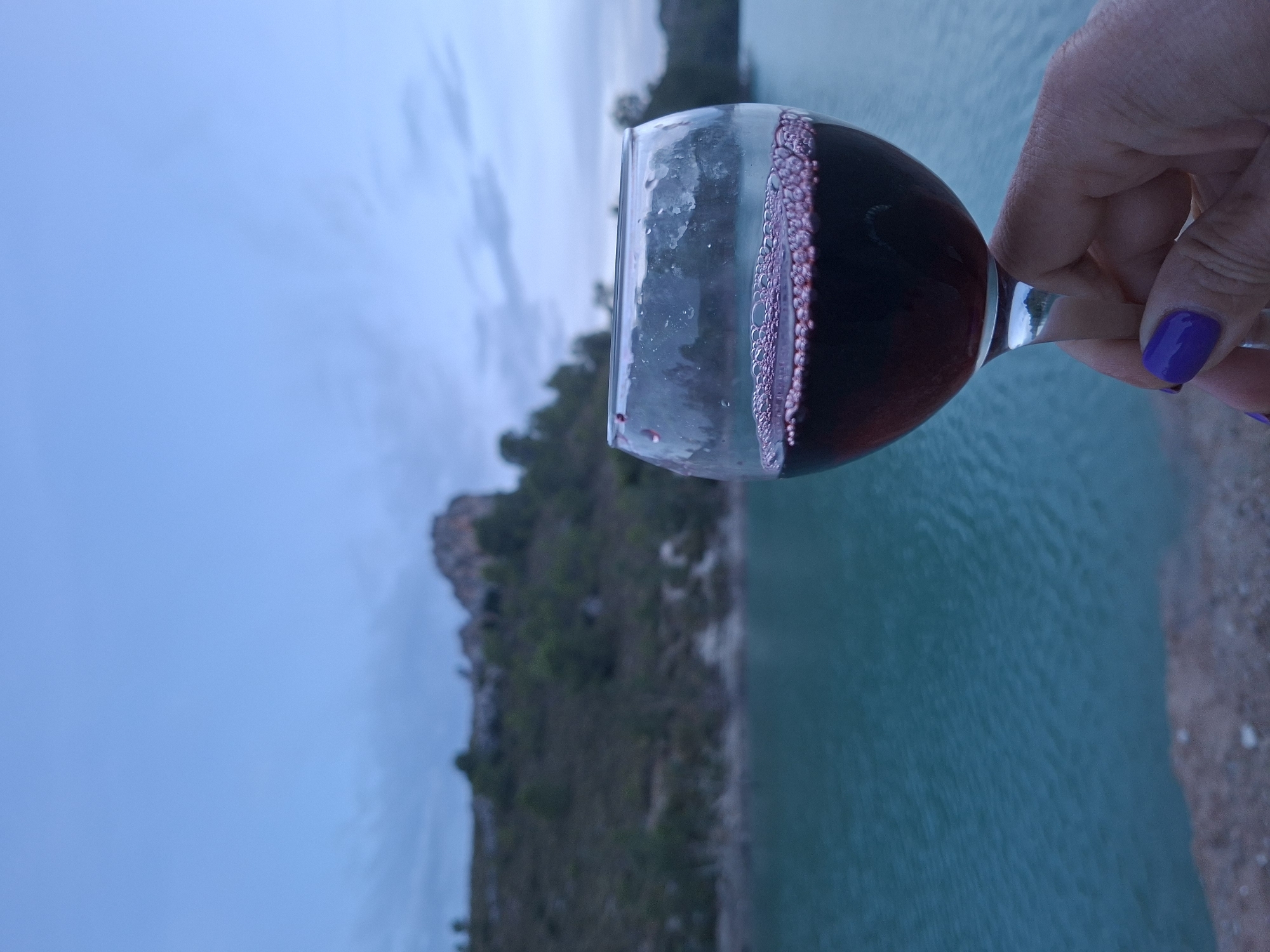 A close-up shot focuses on a hand holding a glass of red wine. The wine has a layer of small bubbles on top. The background is blurred, showing a body of turquoise water, a rocky hillside with sparse vegetation, and a dusky blue sky with faint clouds. The scene is likely captured at dusk or dawn. The location appears to be the Almadenes de Mula canyon, known for its striking turquoise waters and rugged landscape.