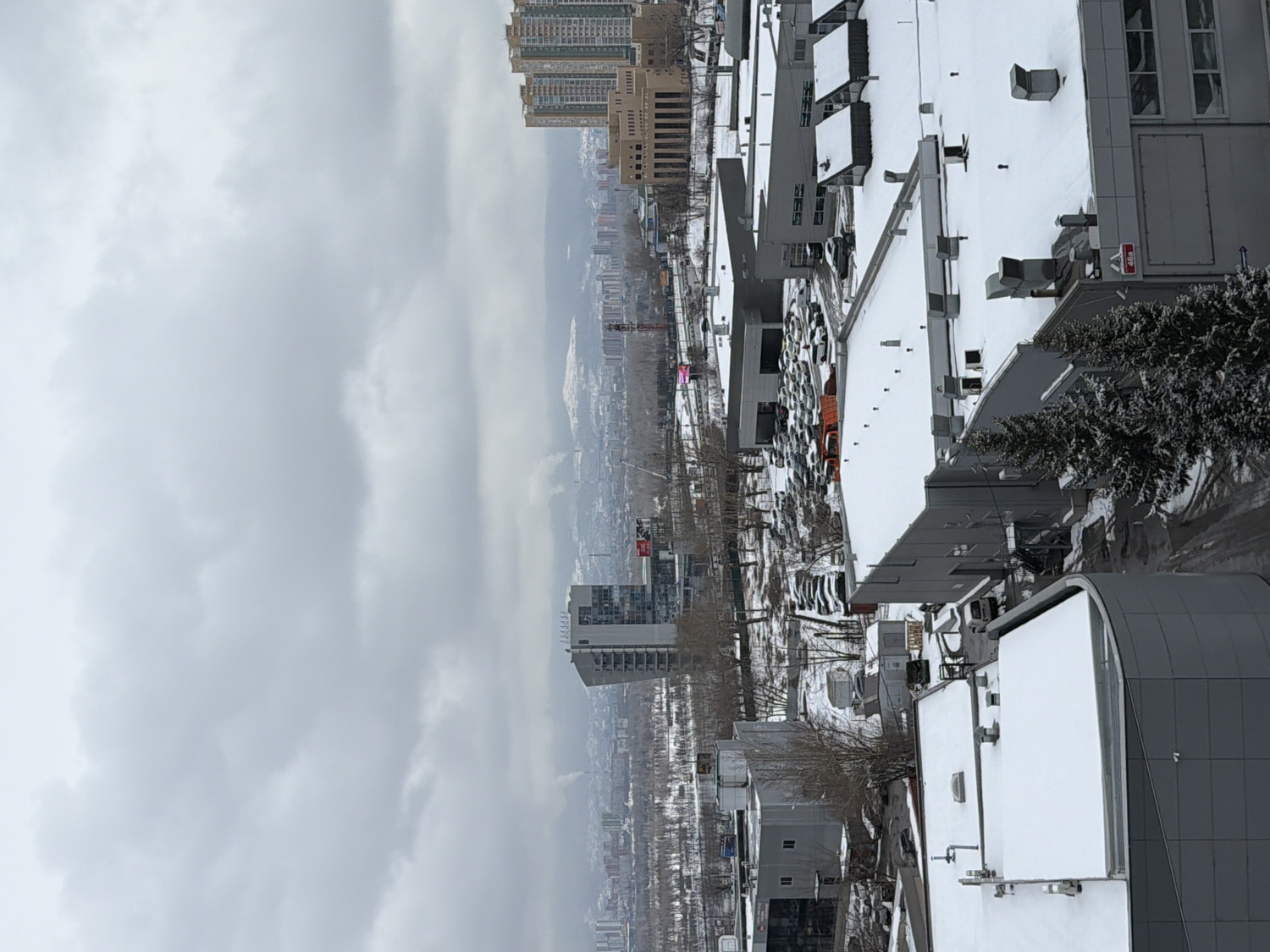 The image presents an aerial or high-vantage-point view of a snow-covered urban landscape in Krasnoyarsk, Russia, under an overcast sky. The scene is dominated by shades of white, grey, and dark architectural tones, characteristic of a winter day.
In the immediate foreground, several modern building rooftops are visible, some with distinctive rounded edges, all blanketed in snow. Various vents and rooftop equipment are discernible. To the right, dark green evergreen trees, dusted with snow, add a touch of natural texture.
The midground features a large, snow-covered parking lot filled with numerous vehicles, some of which are distinctly bright orange. Adjacent to the parking lot are more commercial or industrial buildings with flat, snow-laden roofs. A red sign with the text "6bp" is visible on one of these roofs. Further into the midground, the city sprawls with various buildings, and a construction crane rises in the distance.
The background extends to a hazy horizon, where distant, snow-covered mountains or hills blend into the heavy, grey cloud cover. The sky itself is entirely overcast, suggesting diffused light typical of daytime on a cloudy winter day. A tall building in the far background shows indistinct repeating characters on its facade. No people are explicitly visible, and the scene depicts the static urban environment in winter.