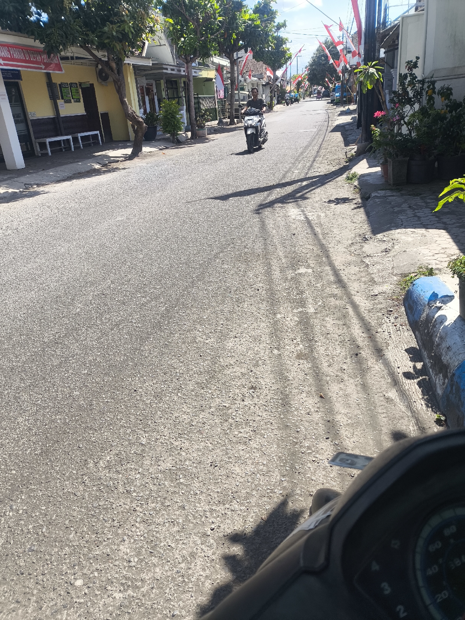 The image depicts a street scene in Lumajang, Indonesia, likely during daylight hours given the strong shadows. The road is paved with asphalt and appears to be in moderate condition with some visible gravel. On the left side of the street, there are buildings with yellow and white facades, accompanied by trees. There are several white benches in front of one of the buildings. Red and white Indonesian flags are strung across the street in the distance, suggesting a national holiday or celebration. A person is riding a white motorcycle down the street, approaching the viewer. The foreground of the image shows a partial view of a motorcycle's handlebars and dashboard, indicating the photo was taken from the perspective of someone riding a motorcycle. The right side of the street features more vegetation in pots and a blue and white painted curb. The overall environment appears to be a residential or commercial street within a town or city.