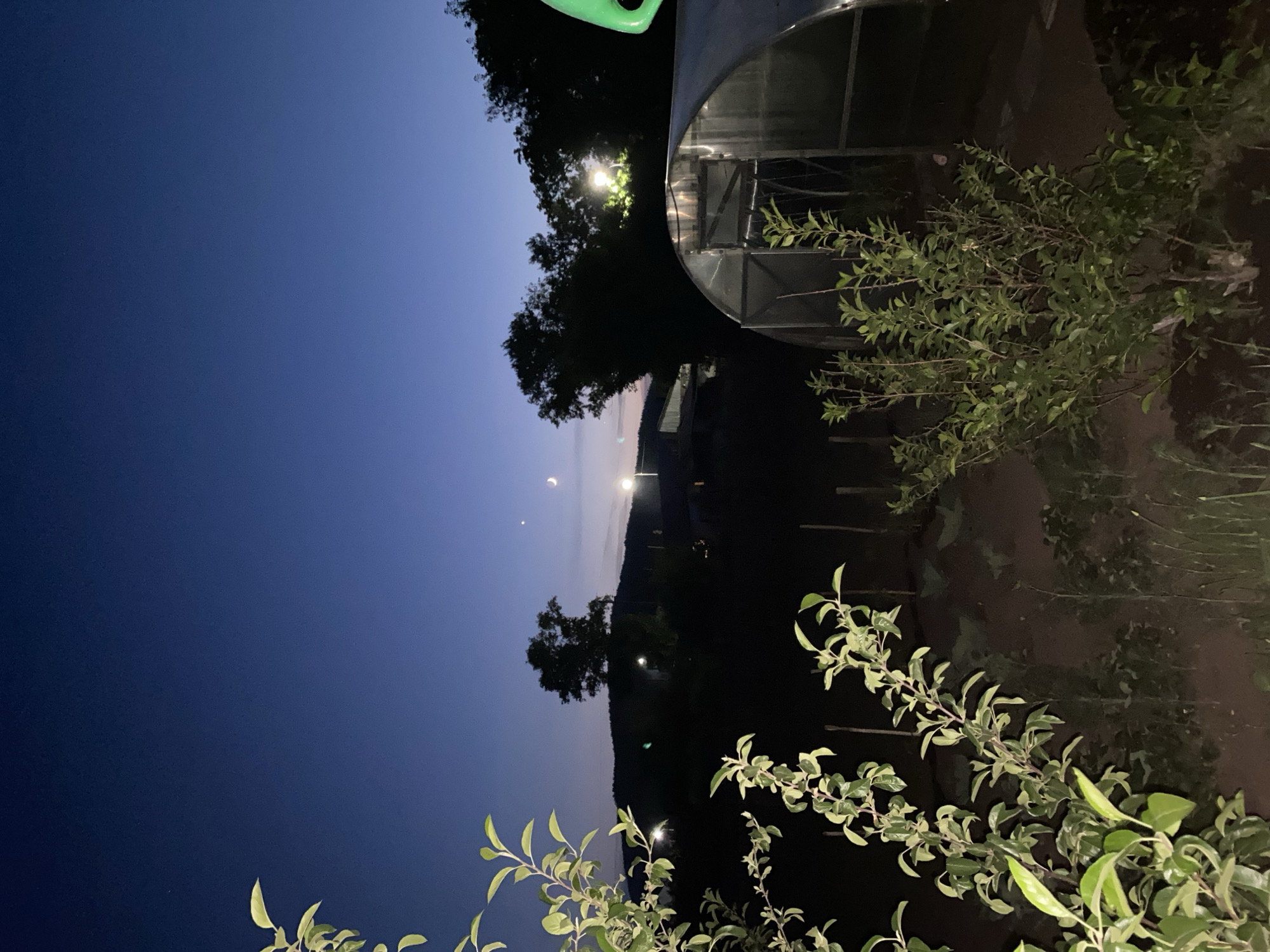 This is a nighttime photograph taken in Qarqaraly, Kazakhstan, with the image rotated 90 degrees clockwise. The scene depicts an outdoor setting at dusk or early night, as indicated by the deep blue sky transitioning to darkness. In the foreground, lush green branches with small leaves are prominent, suggesting vegetation.
The background reveals a dark silhouette of a hill or mountain range. A greenhouse-like structure with a curved translucent roof and a metal frame is visible on the right side of the image, partially illuminated by what appears to be artificial lighting. A single, bright light source, possibly a streetlamp, is visible in the middle ground, casting a yellow glow on some trees. Two faint celestial bodies, possibly the moon and a bright star or planet, are visible in the twilight sky. The overall atmosphere is calm and serene, characteristic of a rural or semi-rural location at the end of the day.