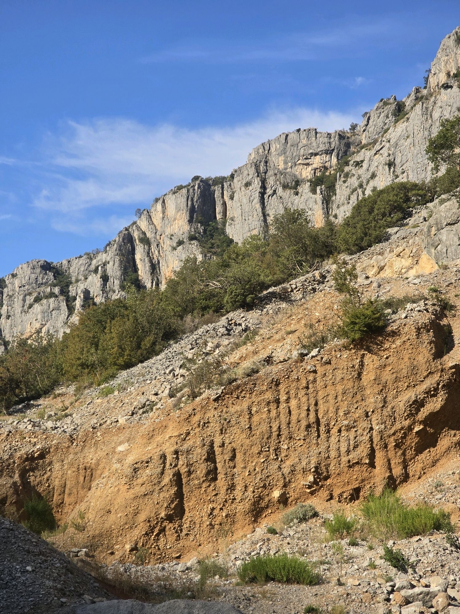 The image depicts a rocky, mountainous landscape under a clear blue sky with scattered white clouds. In the foreground, a steep, eroded cliff face is visible, exhibiting layers of reddish-brown soil and rock. The middle ground is characterized by a scree slope covered with stones and sparse vegetation, including green shrubs and dry grasses. Further up the slope, a dense band of green trees and bushes lines the base of a towering, grey rock face. This rock face is sheer and layered, with vertical striations and lighter patches of rock interspersed with darker shadows. The overall impression is of a rugged, natural environment. The specific location in Podgorica, Montenegro, is not evident from the visual information provided.