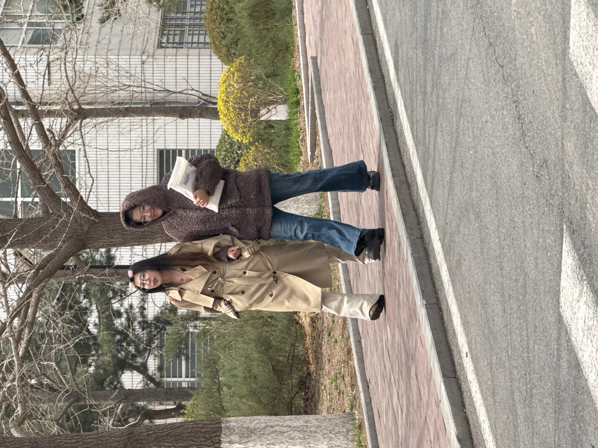 A brightly lit, full-length outdoor shot, originally rotated 90 degrees clockwise, captures two individuals walking on a paved sidewalk in Zhongtun, China.
The scene depicts a brick-patterned sidewalk running alongside an asphalt road with white painted lines. To the left (behind the subjects), several trees with bare branches stand before a multi-story building featuring a light-colored, textured facade and numerous windows. To the right of the individuals, vibrant green foliage and a bush with yellow blossoms add color to the environment.
Two individuals, likely women, are seen in motion. The person in the foreground wears a textured, dark brown hooded coat, blue jeans, and dark shoes. She holds a white package or book in her arms and wears glasses, with her gaze directed slightly downwards. The second individual, positioned behind the first, is dressed in a tan trench coat with visible buttons and a belted waist, light-colored pants, and dark shoes. She also wears glasses, and a pink hair roller is noticeable in her hair. Both appear to be walking in the same direction. The clear, bright lighting indicates daytime. No legible text is visible on any objects.