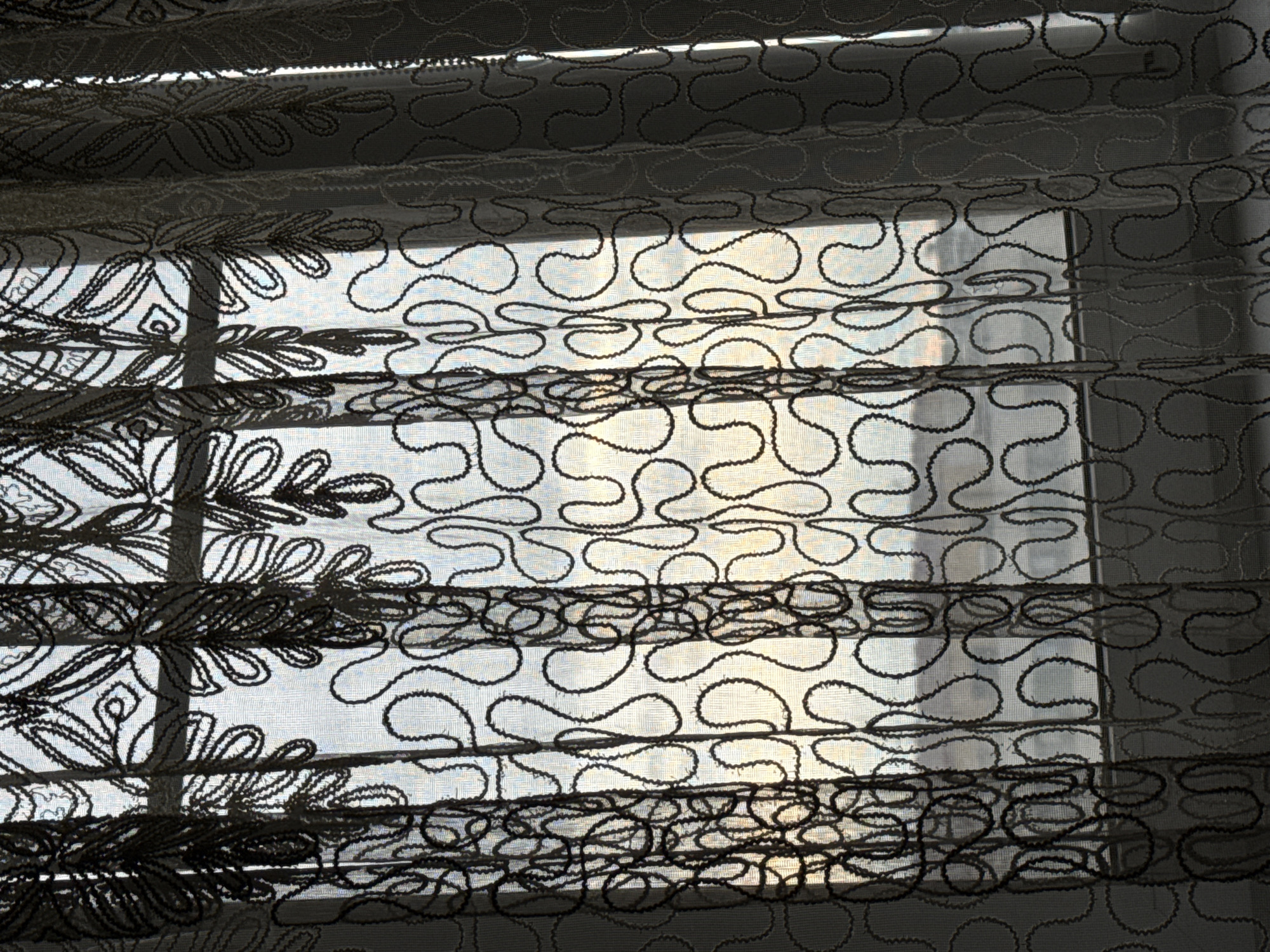 The image shows a window covered with decorative blinds. The blinds have alternating patterns; some sections feature a leafy or floral design, while others display a pattern of interconnected, rounded shapes resembling loops or swirls. The light filtering through the blinds suggests it is daytime. Outside the window, blurred shapes and light suggest the presence of buildings and possibly a skyline. The location is indicated as Unknown, Unknown.