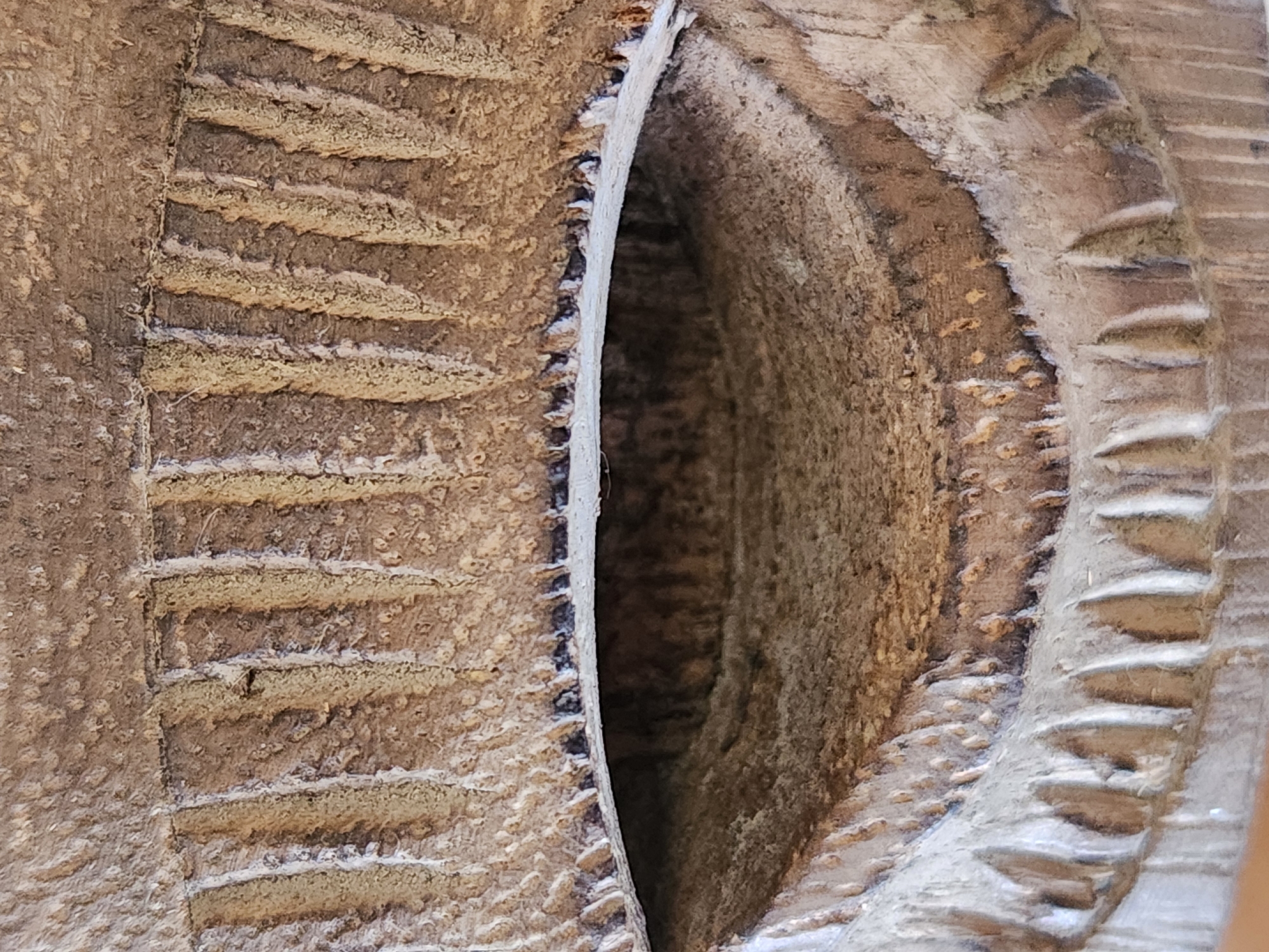 This is a close-up, detailed, and abstract macro photograph of a weathered, carved wooden object, possibly a pot or a decorative carving, that appears to be very old. The object has a rough, textured surface with vertical grooved patterns and a distinct opening or hollow at the top, resembling a mouth or a vessel's mouth. The opening is dark and deep, hinting at an interior space. The wood is a muted brown and tan color, showing signs of age and wear, with some areas appearing lighter and smoother, possibly from repeated handling or exposure. The carving techniques are visible, with sharp, defined edges and indentations. The lighting highlights the texture and depth of the carving, creating a sense of age and character. The photograph is focused on the details of the wood grain and the carved patterns, obscuring any larger context or identifying features of its surroundings. The exact location within the city of Maitland, United States of America, cannot be determined from the provided image.