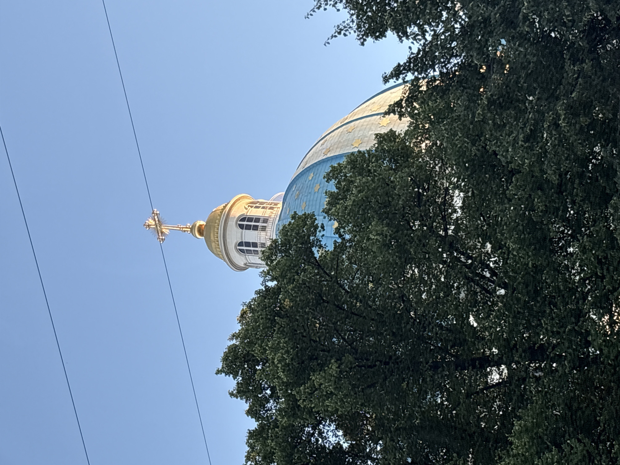 The image shows the dome of a building with a golden cross on top, against a clear blue sky. The dome is primarily blue with gold star-like decorations. The lower part of the dome is partially obscured by dense green trees. The image appears to be taken from a low angle, looking up at the dome. Two thin dark wires run horizontally across the top of the frame. Based on the architectural style of the dome and the cross, this is likely the dome of a Russian Orthodox church. Given the context of Saint Petersburg, Russia, this could be the dome of Smolny Cathedral.