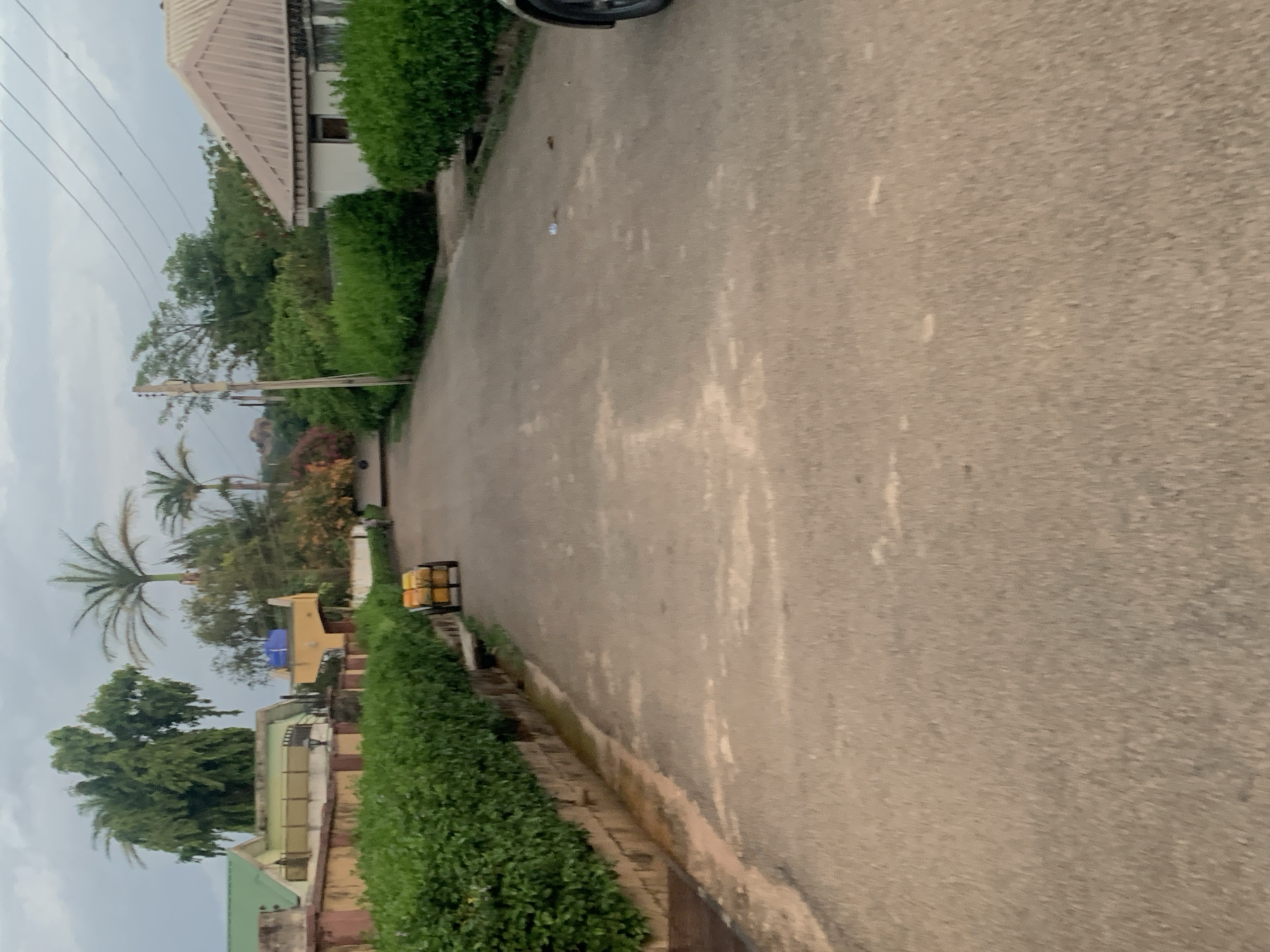 The image captures a street scene in Kabong, Nigeria. The road occupies the majority of the frame, stretching into the distance. Vegetation, including bushes and trees, lines both sides of the road. Buildings are partially visible behind the greenery. There is a yellow object alongside the road. The sky is overcast, suggesting a cloudy day. The image is rotated.