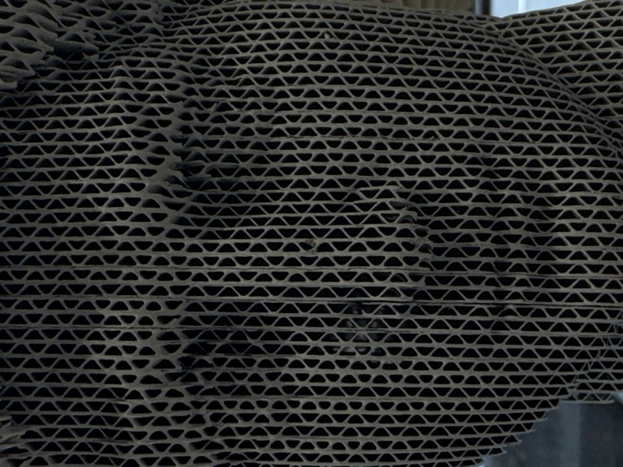 The image is a close-up, abstract shot of corrugated cardboard that has been sculpted into a bust or head shape. The cardboard's ribbed texture, with its repeating triangular openings, creates a visually striking pattern. The lighting casts shadows within the recesses, giving the sculpted form depth and a sense of volume. The material appears to be a light brown or tan color, common for cardboard, and the overall tone is muted and earthy. There is no discernible background or environmental context that would place it in a specific city or location. Therefore, it is impossible to determine its location in Moscow, Russia, or any other place. The image focuses entirely on the texture, form, and sculptural qualities of the cardboard material.