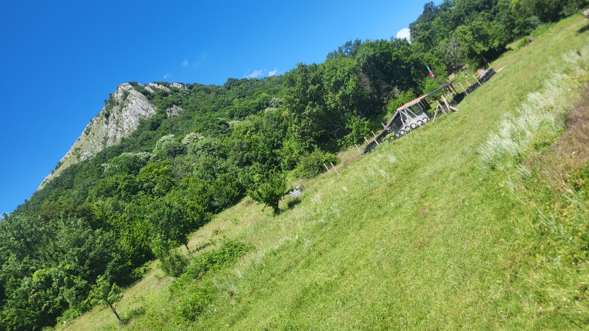The image depicts a sloped grassy field with a dense forest encroaching on a rocky mountainside in the background. The sky is a clear, vibrant blue. In the mid-ground, there is a small, rustic wooden structure with a red roof, supported by posts. A fence made of stacked tires and wooden posts runs along the edge of the field. A few scattered trees dot the grassy slope. The scene appears to be a natural outdoor environment, possibly a park or a rural area, with no people visible. The tilt of the image suggests it was taken at an angle.