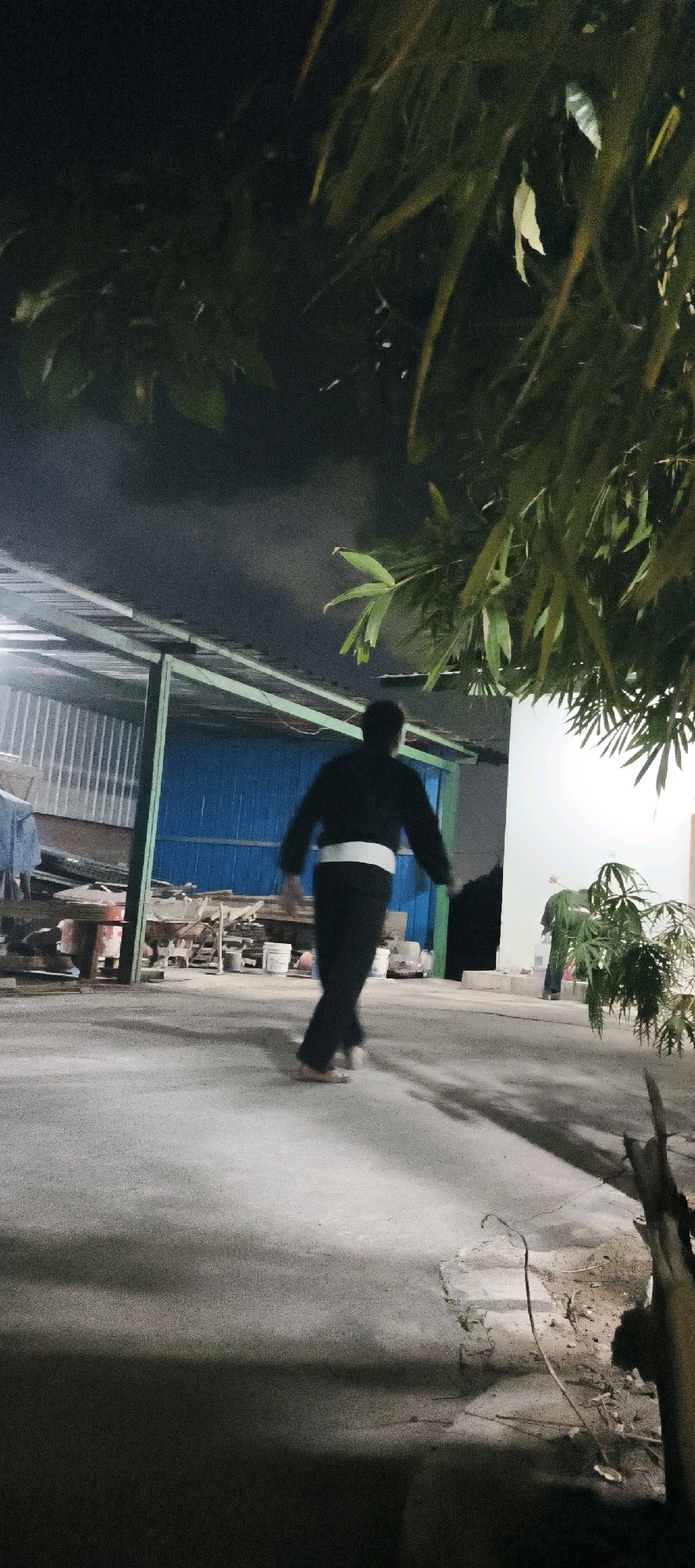 A person wearing a black uniform with a white belt is walking away from the camera on a concrete surface. The scene appears to be an outdoor area at night, possibly a yard or courtyard, with trees and foliage in the foreground and background. In the middle ground, there is a building with corrugated metal walls and a sloped roof. The lighting suggests artificial illumination, casting shadows on the ground. The overall environment seems to be a somewhat utilitarian or industrial setting, possibly within Keboananom, Indonesia, given the context.