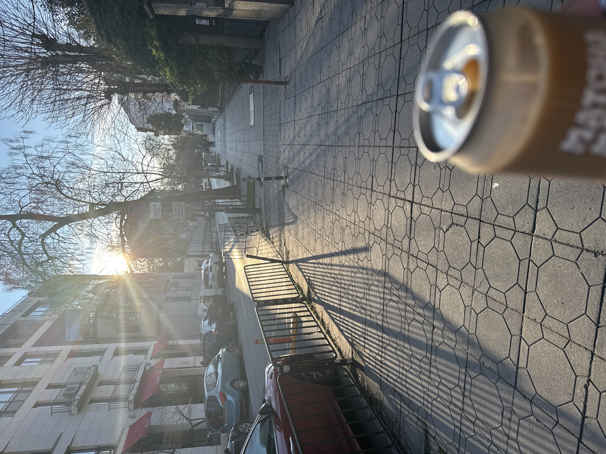 A street scene in Sofia, Bulgaria, depicts a sunny day with a close-up view of an aluminum can. The sidewalk is paved with patterned concrete, and a black metal railing runs alongside parked cars on the street. The sun's rays illuminate the buildings on the left, which have awnings and multiple stories. Trees line the street, some bare and others with foliage. In the distance, pedestrians can be seen walking along the sidewalk. A "no parking" sign is visible.