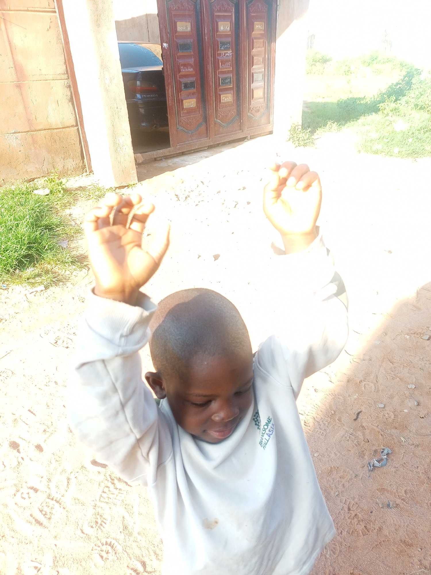 In Tempure, Nigeria, a young Black child, appearing to be between the ages of 5 and 7, is captured in an outdoor scene. The child, wearing a light-colored long-sleeved shirt with green text, is standing on a sandy ground with visible footprints. Their head is tilted down, and their eyes are cast downwards. Both of the child's arms are raised, with their hands open and palms facing forward, in what could be interpreted as a gesture of surrender or celebration.
Behind the child, a building features a large, ornate wooden double door, with intricate carvings and what appear to be framed panels, some with handwritten text. To the left of the door, a portion of a dark-colored car is visible. The environment includes patches of green grass to the left and right of the building. The lighting suggests it is daytime, with strong sunlight casting shadows and creating a bright, slightly overexposed effect in some areas. The overall scene is a candid snapshot of a child in their environment.