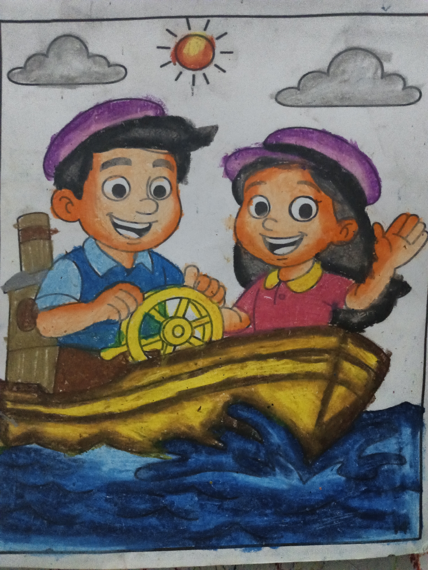 The image is a child's drawing of two children on a boat. The boy, on the left, is wearing a blue shirt and a purple hat and is holding a yellow steering wheel. The girl, on the right, is wearing a pink shirt and a purple hat and is waving. They are on a yellow boat with a brown trim, sailing on blue water. In the sky, there are two grey clouds and a yellow and orange sun. The drawing appears to be done with crayons. There is no indication of the city of Kepulungan, Indonesia in the image.