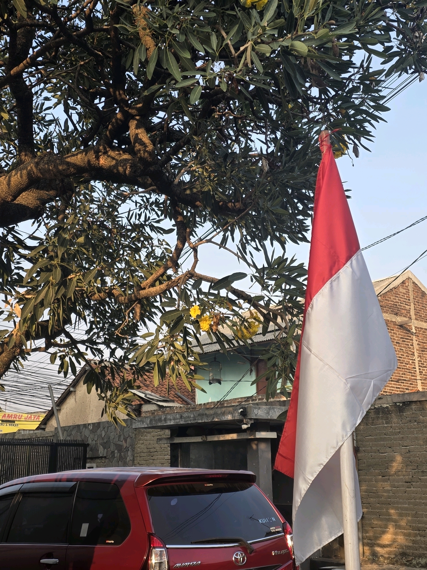 In Bojongsoang, Indonesia, the image captures a close-up view of an Indonesian flag, horizontally divided into red and white, flying on a flagpole. The flag is positioned to the right of a large tree with lush green foliage and visible branches. In the background, a red car is parked in front of a fence. Beyond the car and fence, buildings with brick and stone facades are visible, along with electrical wires and a glimpse of a blue sky. The scene appears to be a residential or commercial area.