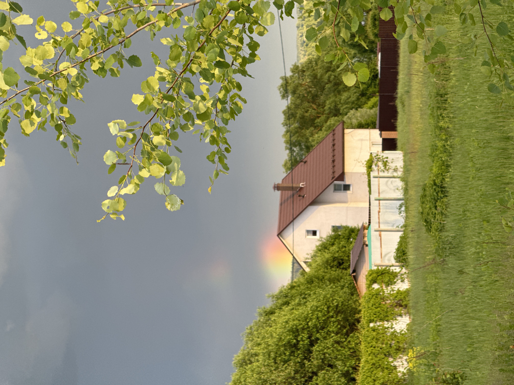 The image shows a rural scene in Vysokinichi, Russia. A small house with a brown roof and white siding is visible amidst lush greenery. A faint rainbow arcs from the dark, stormy sky towards the house. Branches with green leaves hang in the upper left corner, and a fence with vines runs along the right side of the frame. Tall grass is present in the foreground on the right, and trees fill the background. An electrical wire is partially visible near the top center. The photo is oriented with the house appearing sideways.