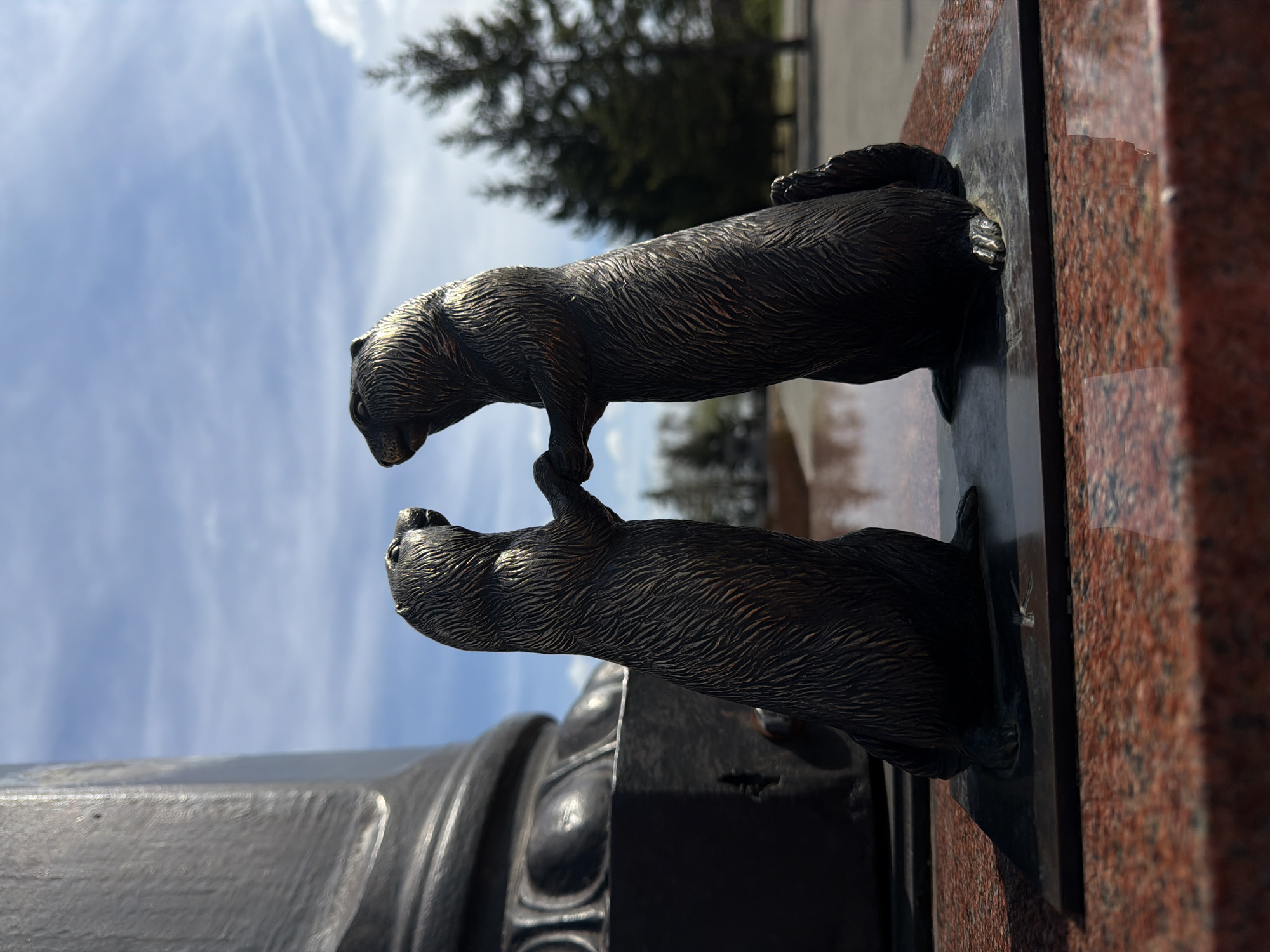 The image shows a bronze monument featuring two intertwined sable figures, a symbol of Krasnoyarsk Krai, Russia. The monument is erected on a dark granite pedestal with a base of red granite. The sky is visible in the background, with scattered clouds and a blurred tree line, indicating an outdoor setting. The monument is located in Krasnoyarsk, Russia.
