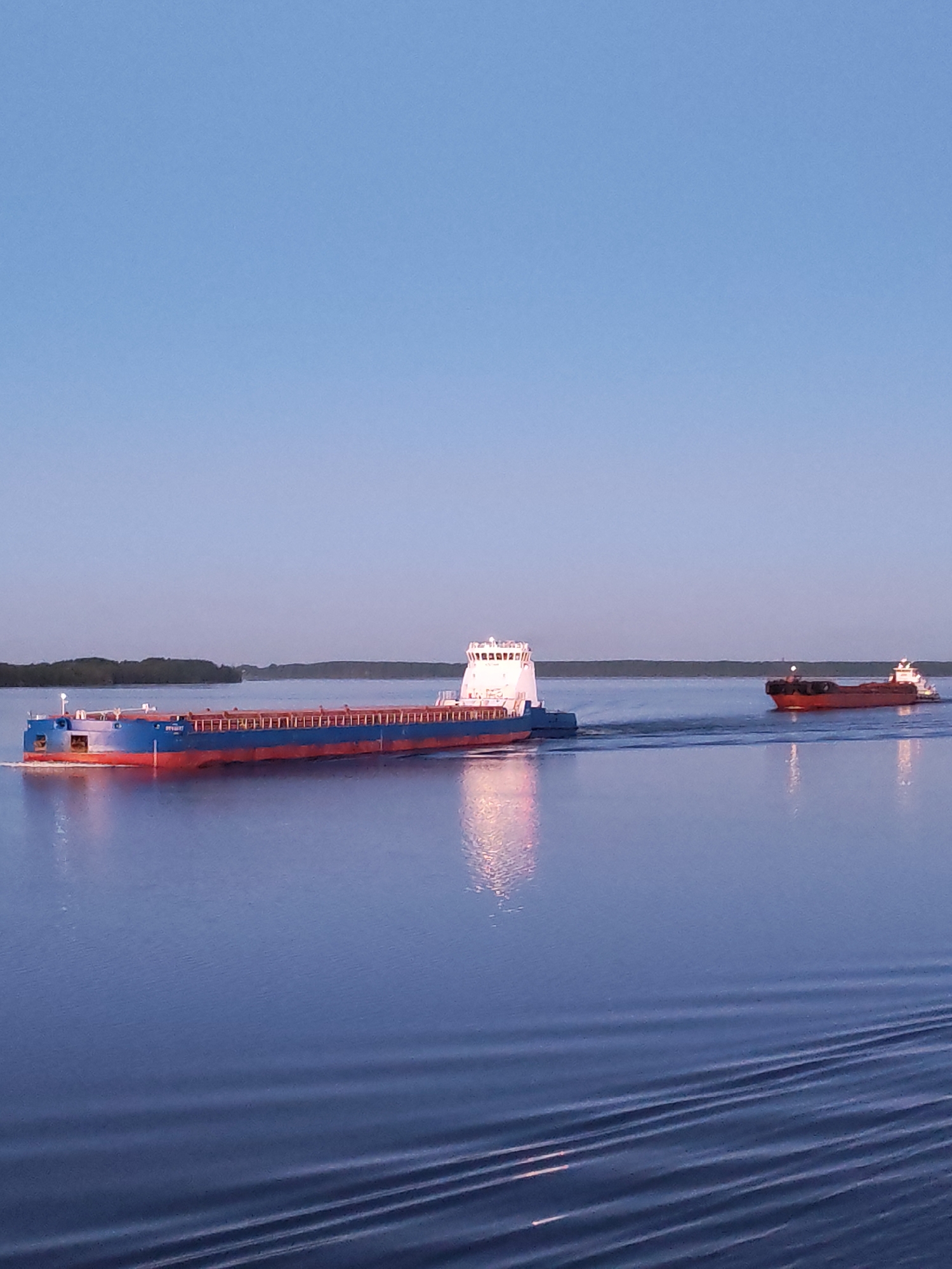 The image displays an expansive body of calm water under a clear, pale blue sky with a distant, low-lying green landmass on the horizon. In the mid-ground, two cargo vessels navigate from left to right. The prominent vessel in the foreground is a large blue-hulled dry bulk carrier with a red bottom and a white superstructure towards its stern. The name "МАРШ" (MARSH) is visible in white lettering on its port bow. It appears to be loaded, with the cargo bays containing a light-colored material. Further back and to the right, a second, smaller reddish-brown cargo vessel is visible, appearing to be pushed or towed by a small white tugboat at its stern. This vessel also appears to be carrying a bulk cargo. The water in the immediate foreground shows ripples, suggesting movement from the vantage point of the photographer or a nearby craft. Reflections of the vessels and sky are visible on the water's surface. The scene is illuminated by soft, natural light, indicating either early morning or late afternoon. The location is an unknown body of water in the city of Unknown, Unknown.
