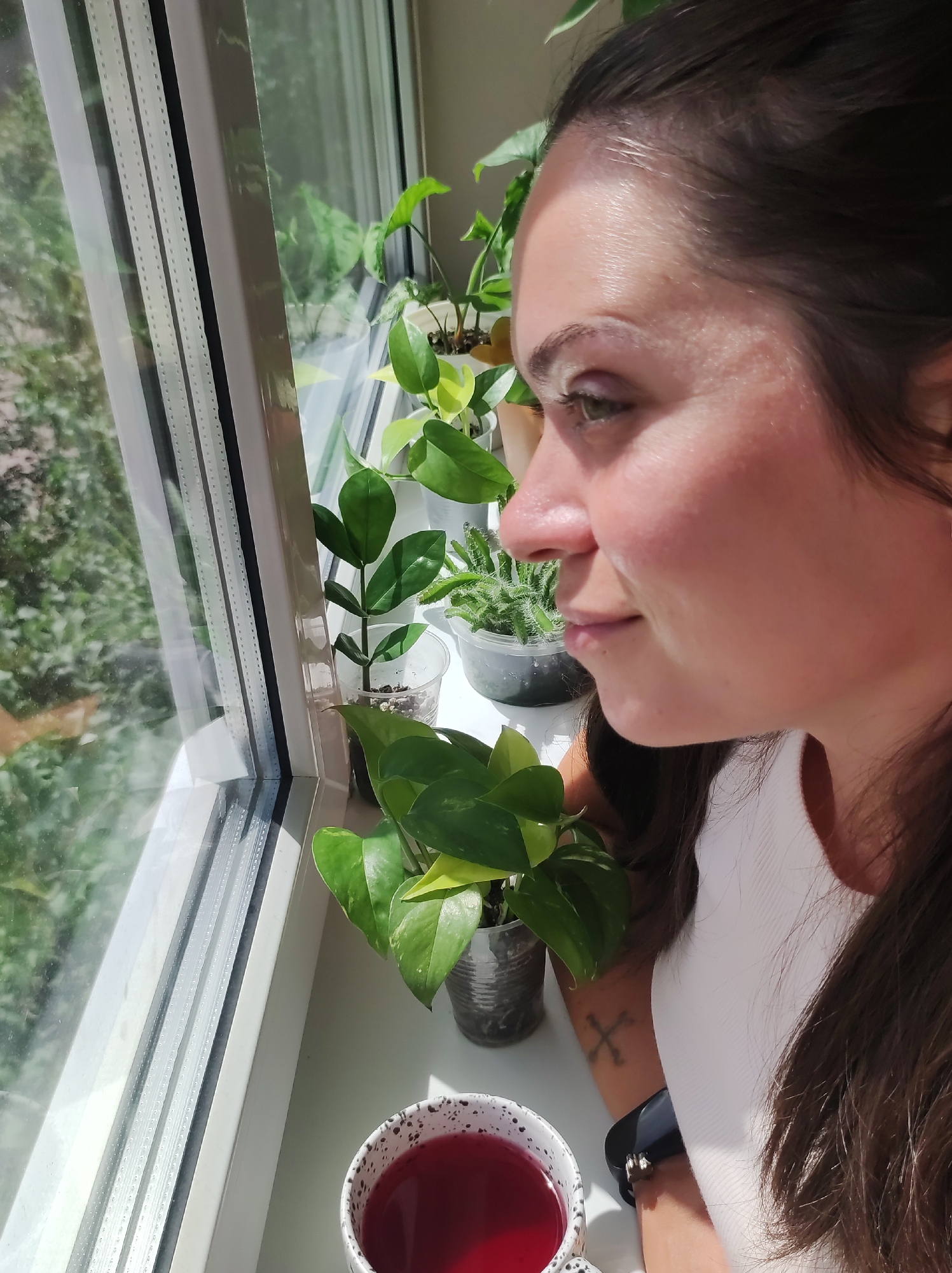 In this close-up, profile shot, a young woman with dark hair gazes thoughtfully out a window in Chaikovsky, Russia. The sunlight illuminates her face, highlighting her features and casting soft shadows. She is dressed in a white top. To her left, several small potted plants, including a succulent and a ZZ plant, are arranged on the windowsill. A mug filled with a dark red beverage sits in the foreground. Outside the window, greenery is visible, suggesting an outdoor environment. The overall scene evokes a sense of quiet contemplation.