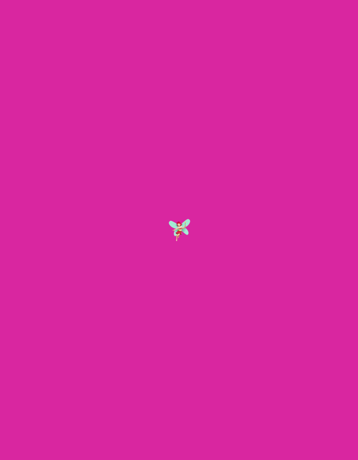 The image presents a small, stylized figure against a solid, vibrant magenta background. The figure, resembling a fairy, is centrally located, positioned slightly above the vertical midpoint and slightly to the left of the horizontal midpoint of the frame. It features translucent, light blue-green wings and a primary body rendered in shades of pink and red. A small, lighter-colored element, possibly yellow or pale orange, is visible beneath its torso. The background is uniform, lacking any discernible textures, patterns, or environmental features. There are no other subjects, objects, or indications of action or interaction within the scene. The image contains no visual information, such as landmarks, geographical indicators, or contextual clues, to suggest a specific location in the city of Santa Ana, Venezuela, or any other real-world setting.