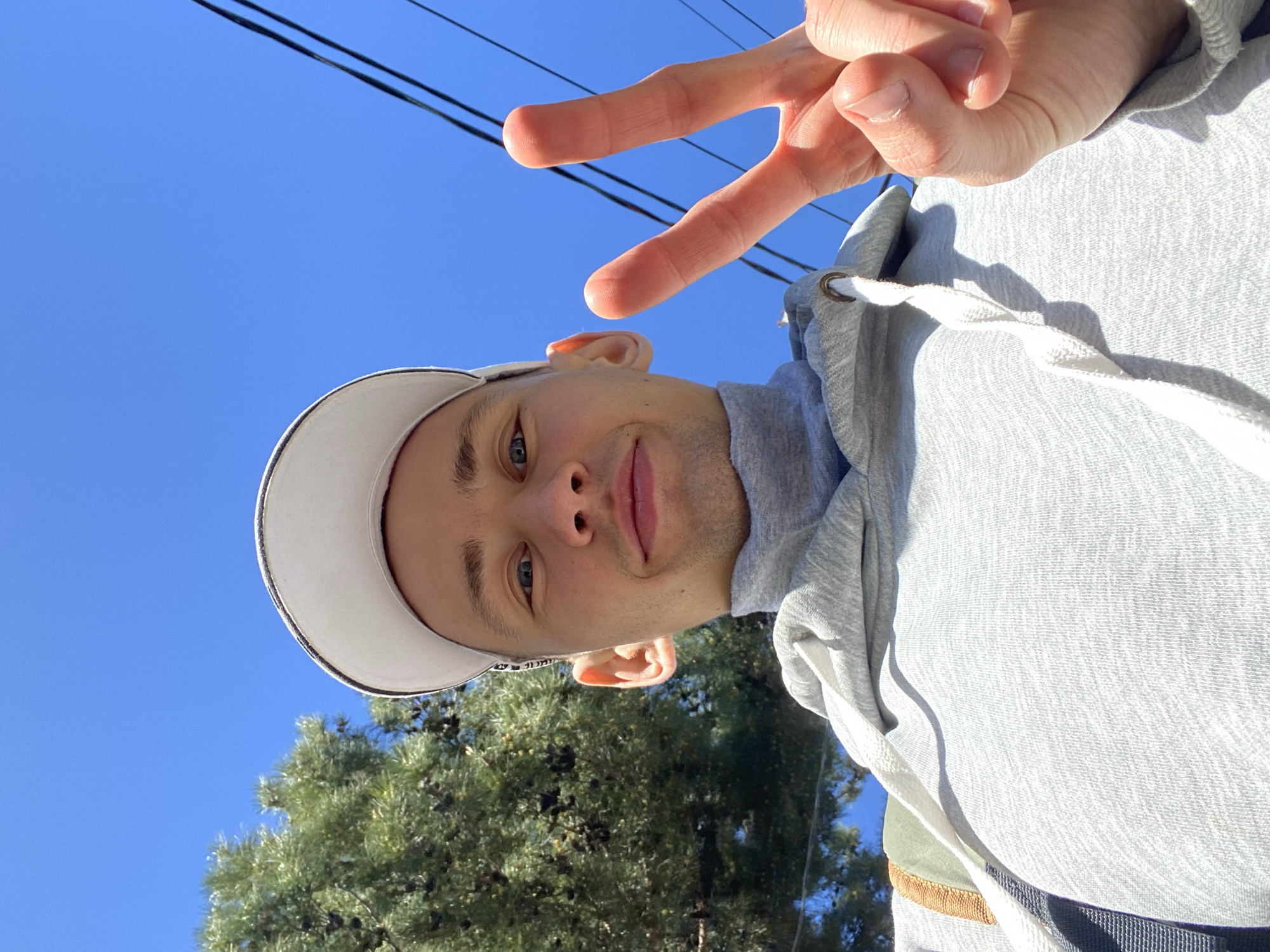 The image captures a brightly lit, low-angle selfie of a young man, presented rotated 90 degrees counter-clockwise. He is looking towards the camera with a subtle, relaxed smile, displaying blue eyes and light skin. He wears a white baseball cap and a light grey hooded sweatshirt with white drawstrings. His right hand is raised, making a peace sign towards the camera.
The background is dominated by a clear, vivid blue sky, indicating good weather. Two thin, dark power lines stretch across the upper portion of the sky. In the lower part of the frame, the lush green foliage of a coniferous tree, likely a pine, with visible cones or dark clusters, suggests an outdoor setting in Gelendzhik, Russia.
The bright sunlight creates distinct shadows, indicating it is daytime, probably mid-morning or afternoon, under sunny conditions. The overall mood conveyed is casual and friendly. There is no visible text in the image.