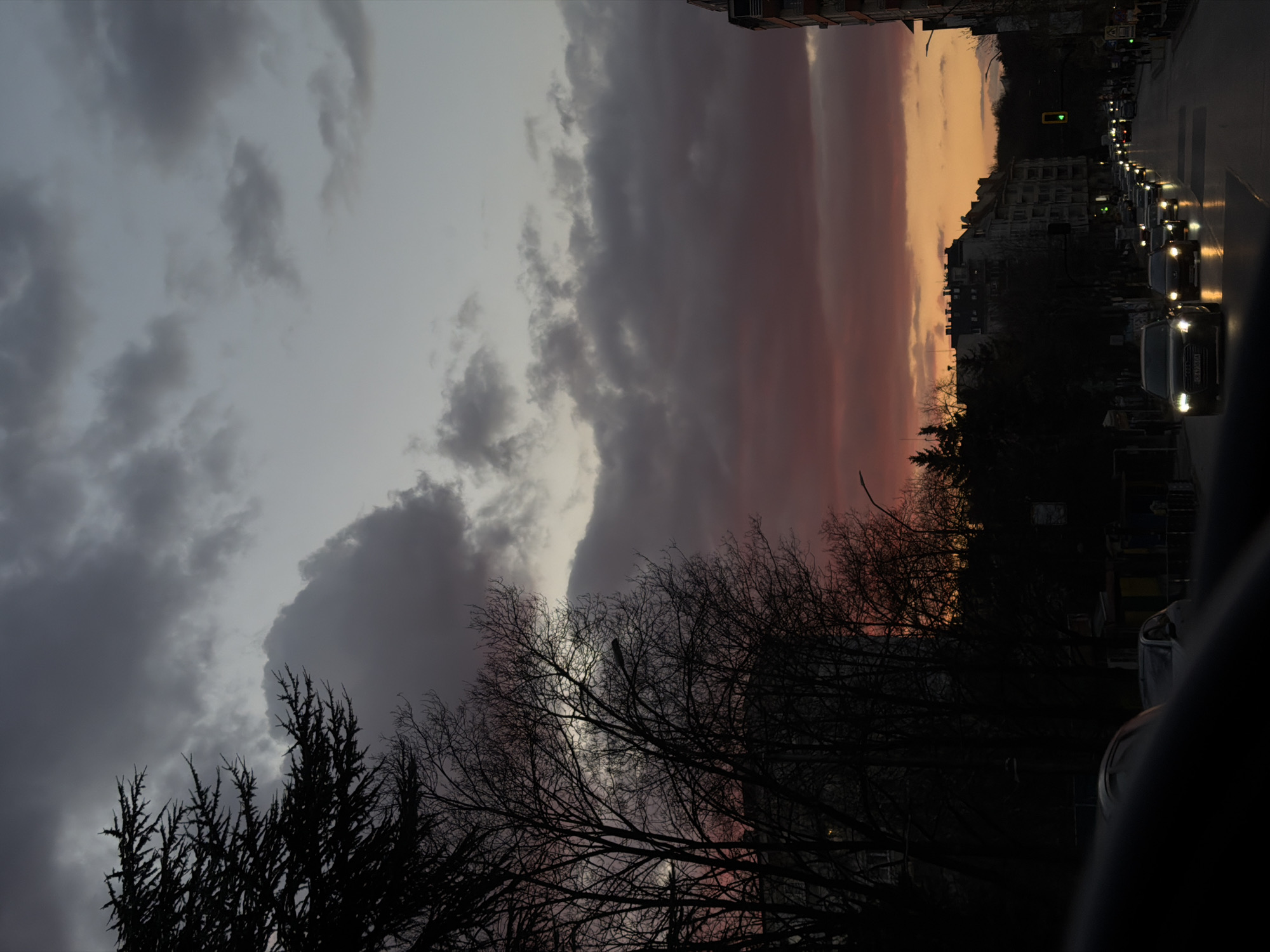 The image shows a street scene in Sofia, Bulgaria, at dusk. The sky is divided, with dark, cloudy formations on the left and a strip of pink and orange sunset light on the right. Bare trees are silhouetted in the foreground. A row of cars with headlights on are visible along the street, indicating traffic. Buildings line the street in the background, and a green traffic light is illuminated. The photograph is taken from inside a vehicle.