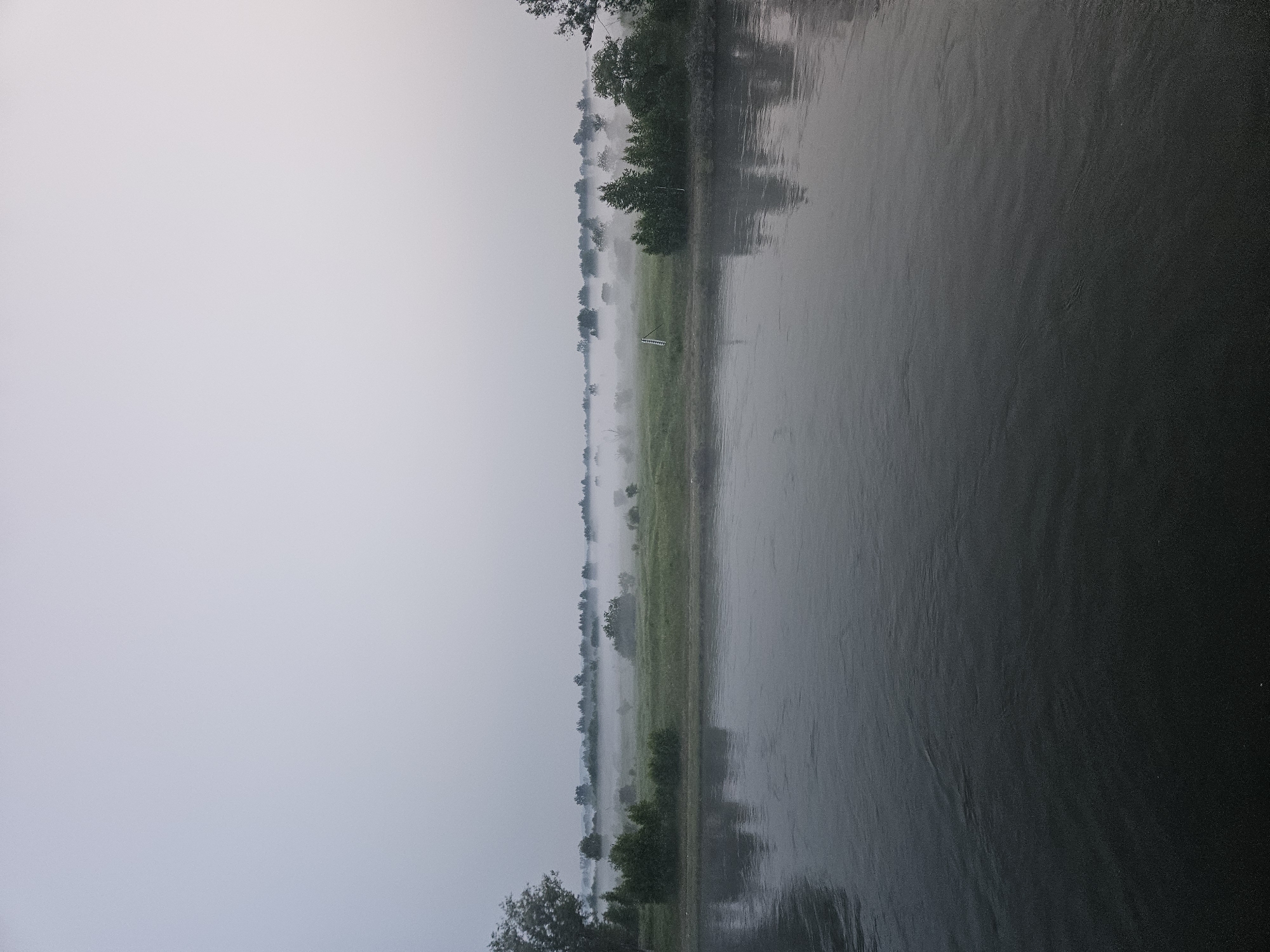The image depicts a wide, dark body of water in the foreground, reflecting the overcast sky and the distant landscape. The water exhibits gentle ripples. In the middle ground, a grassy field is visible, partially obscured by a thick layer of mist that hugs the ground and softens the outlines of trees and low vegetation. The mist extends across the entire landscape, creating a hazy, ethereal atmosphere. The background is dominated by a pale, light gray sky, devoid of any distinct features. The scene appears to be an outdoor natural environment, possibly a riverbank or lakefront, with a rural or undeveloped setting, and it is not possible to determine the specific location within the city of Tartat, Russia from the visual information provided. There are no people, animals, or man-made structures clearly identifiable in the image, beyond what might be subtle hints of distant, indistinct objects within the fog.
