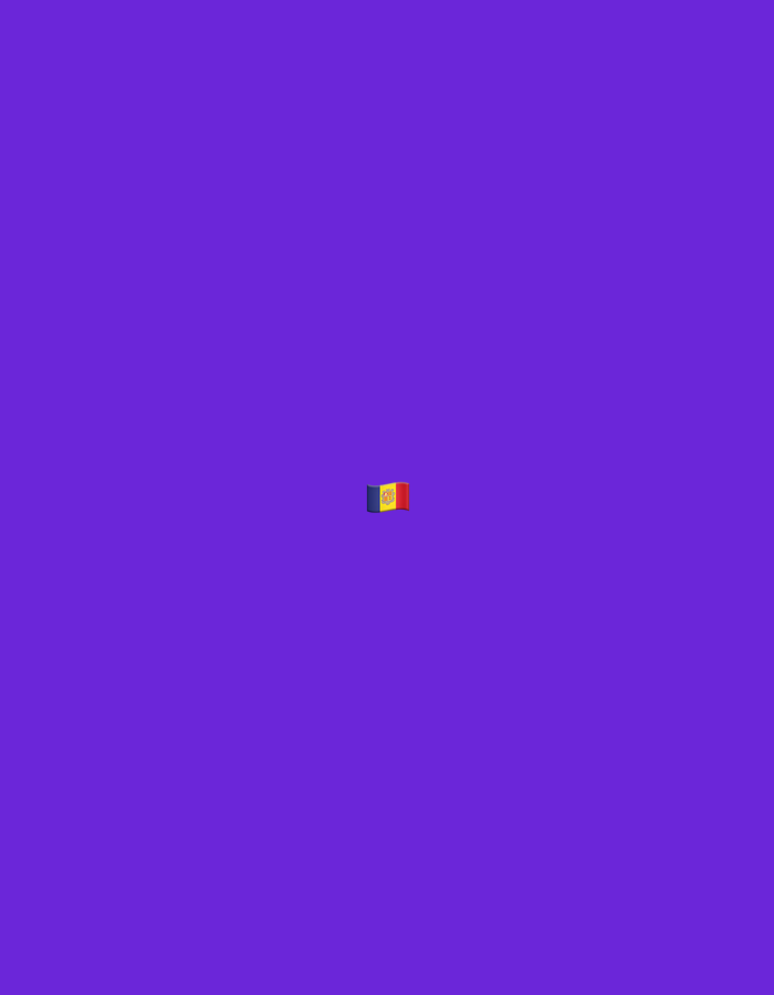 A small, three-dimensional rendering of the flag of Andorra is displayed against a solid purple background. The flag, which is positioned slightly off-center to the right and towards the top of the image, appears to be waving. The flag consists of three vertical bands: blue, yellow, and red, with the coat of arms of Andorra centered on the yellow band. The background is a uniform, vibrant shade of purple. There are no other objects or individuals present in the image, and no discernable location within Moscow, Russia is indicated.