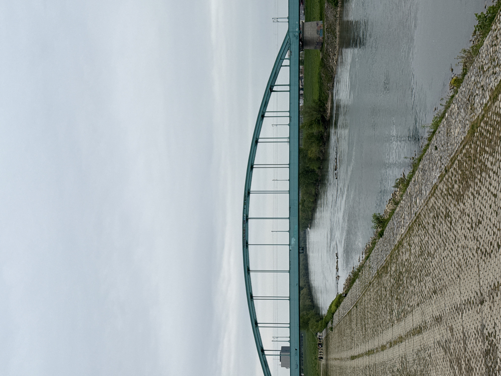 The image shows the Sava River and the Liberty Bridge in Zagreb, Croatia, taken during daytime under an overcast sky. The view is oriented with the river running roughly horizontally. The aquamarine-colored steel arch bridge spans from upper left to roughly the center of the image. Graffiti can be seen on the bridge's surface. The river's edge is lined with a sloped, textured concrete wall on the lower right, and a grassy bank with trees on the opposite side. The Sava River's surface reflects the gray sky.