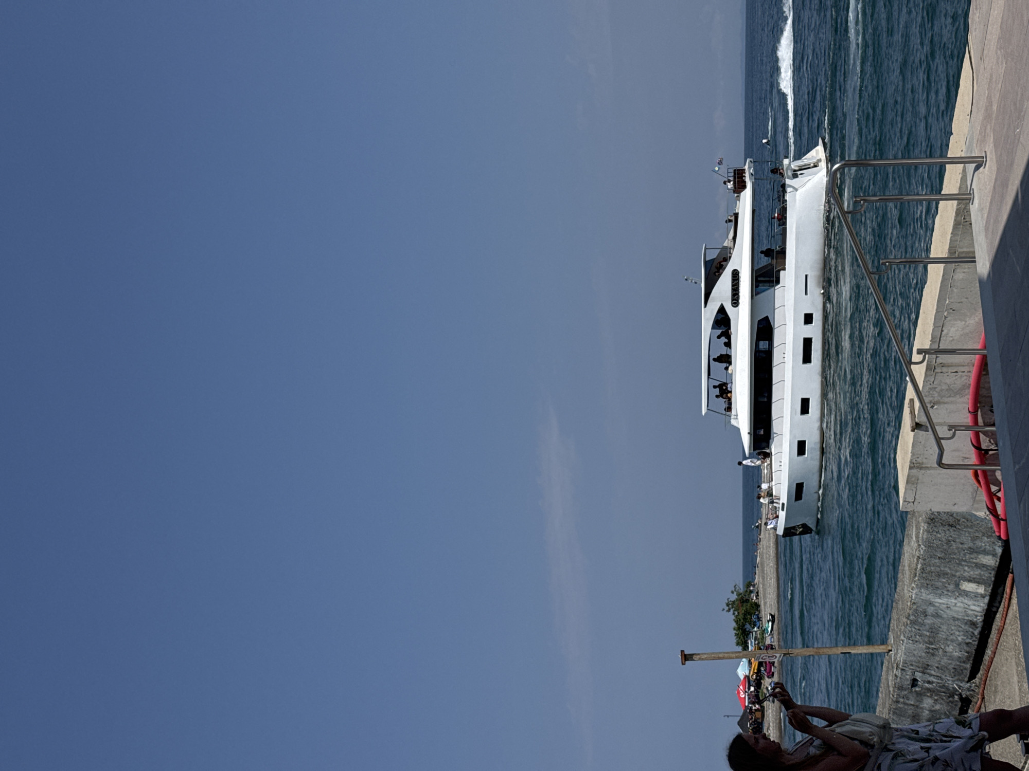 The image depicts a clear, sunny day with a bright blue sky over a body of water, likely the Black Sea. In the foreground, a woman stands on a concrete walkway, holding a phone up to her face. To her left, a wooden post with a bird perched on top stands in the water.
Further out on the water, two white yachts are visible. The larger yacht, closer to the foreground, has multiple decks and several people visible on its upper deck. A smaller yacht is positioned behind it. The background shows a shoreline with trees and a few small buildings, suggesting a coastal town. The water is a deep blue, with white wakes trailing behind the yachts, indicating movement. The scene appears to be set in Batumi, Georgia, a popular Black Sea resort city known for its beaches and modern architecture.