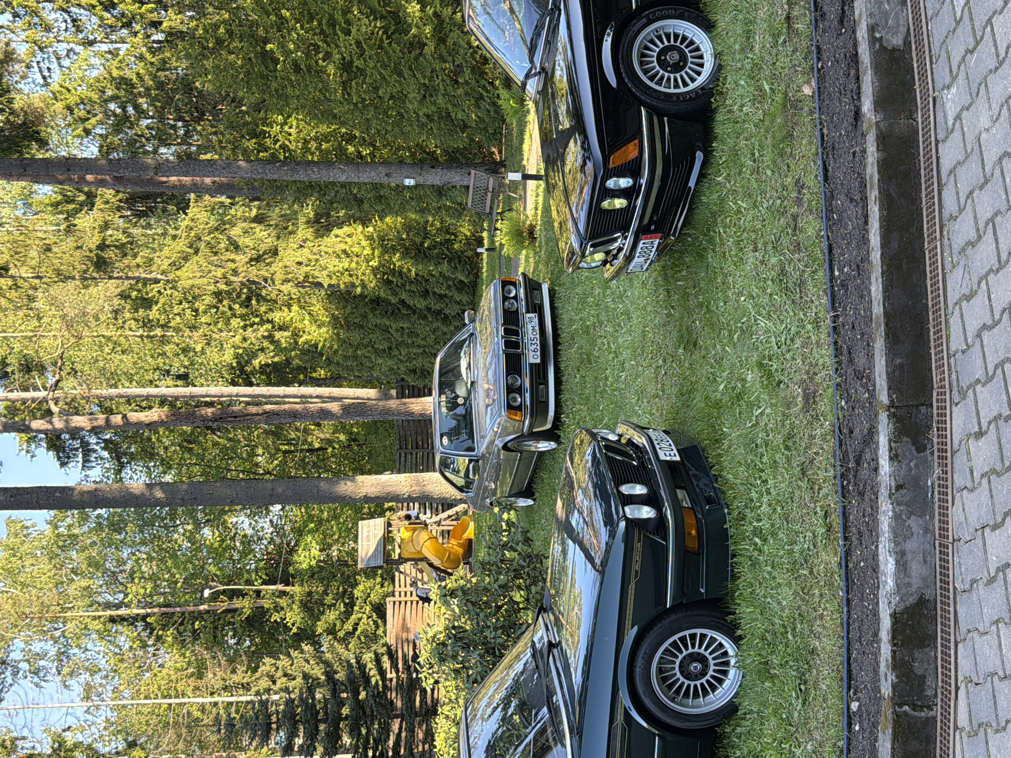 The image shows a collection of classic BMW cars parked on a grassy area in Repino, Russia. The cars are predominantly from the 1970s and 1980s, including models from the E24 (6-Series) range, with visible license plates indicating Russian registration. The surrounding environment features trees, suggesting a park or residential area. A children's playground with a yellow slide is visible in the background. The area adjacent to the cars is paved with concrete blocks.