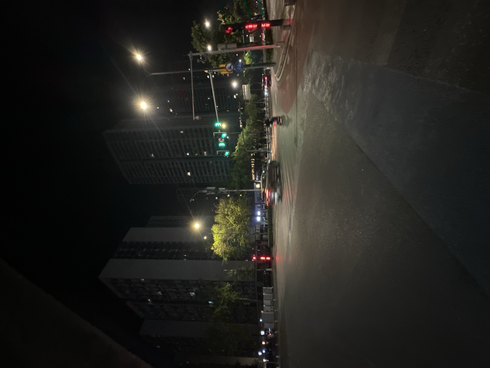 The image depicts an urban street intersection at night within the Chongqing High-tech Zone, China. The scene is illuminated by multiple bright streetlights, which produce visible lens flares, and various traffic signals. The asphalt road surface appears wet and reflective, suggesting recent rain or damp conditions.
In the background, several tall, multi-story buildings, consistent with residential or office structures in a city, are visible against the dark sky. To the left, a large, dark structure or overhead passage partially obscures the top left corner of the frame.
At the intersection, traffic lights are active: a set of three green lights, each displaying the digit '3' (likely a countdown to change), is visible on the left side of the intersection. On the right, a vertical red traffic light is illuminated. Adjacent to the red traffic light, a red LED sign displaying Chinese characters is visible. Further right, a blue circular sign with a white bicycle symbol and a red diagonal slash is mounted on a pole, indicating a traffic restriction.
Vehicles are in motion; a dark-colored car is captured with motion blur in the middle ground, moving left to right. A scooter or motorcycle is also blurred, indicating movement in the opposite direction, from right to left. Other less distinct vehicles are visible in the distance on the multi-lane road. Green trees are planted along the median and sidewalks, their foliage brightly illuminated by the streetlights. The immediate foreground consists of the dark, wet pavement with subtle reflections. No specific individuals are clearly discernible.