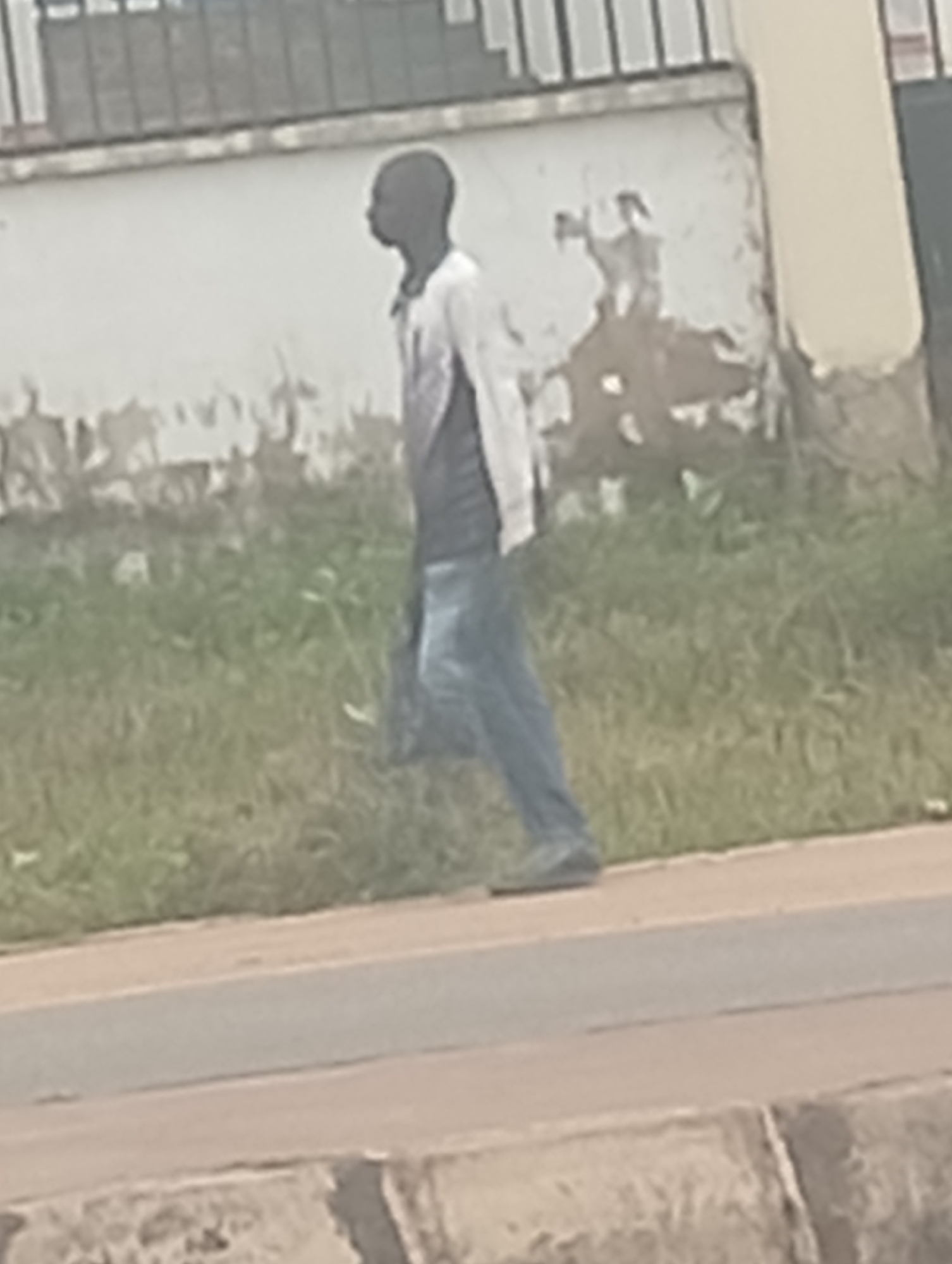 A man is walking along a road in Adankolo, Nigeria. He is wearing a light-colored long-sleeved shirt and blue jeans. He is carrying a dark-colored bag in his left hand. The man is walking on the right side of the road, facing left. Behind him is a white wall with some peeling paint and patches of green grass. The road is paved and appears to be in good condition. The sky is not visible in the image.