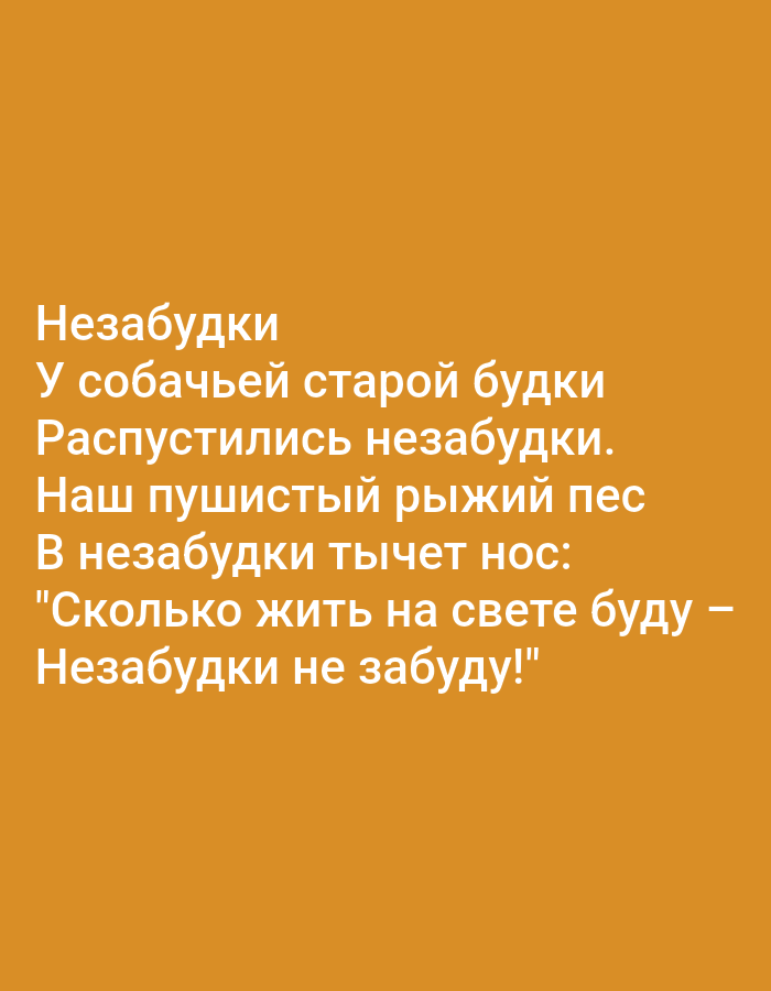 The image displays a close-up of white text on an orange background. The text is a poem in Russian. It reads:
Незабудки
У собачьей старой будки
Распустились незабудки.
Наш пушистый рыжий пес
В незабудки тычет нос:
"Сколько жить на свете буду —
Незабудки не забуду!"
This translates to:
Forget-me-nots
By the old dog's kennel
Forget-me-nots have bloomed.
Our fluffy ginger dog
Pokes his nose into the forget-me-nots:
"However long I live in this world —
I will not forget the forget-me-nots!"
There are no discernible locations in the city of Tallinn, Estonia, present in this image.