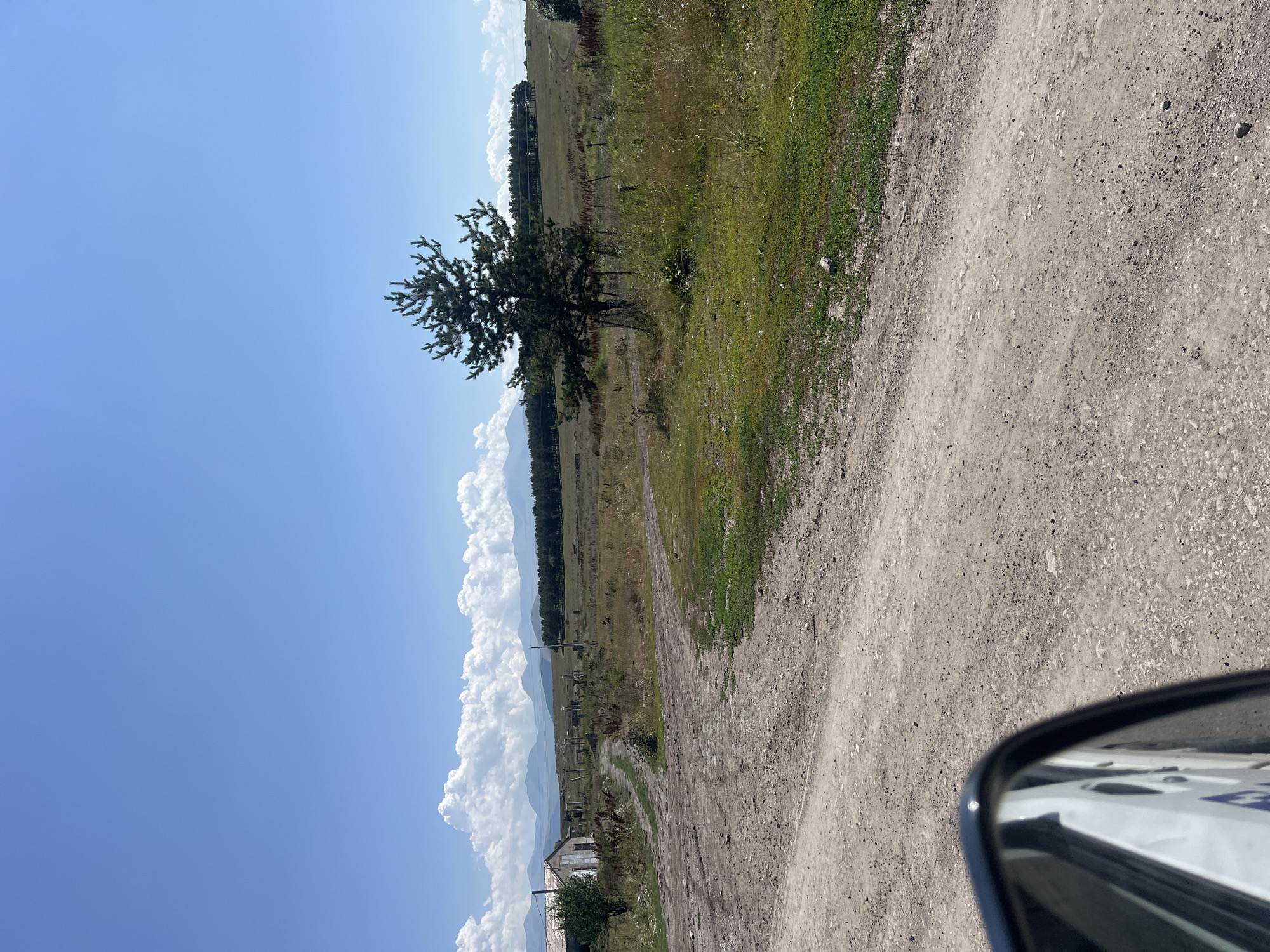The image depicts a rural scene in Khando, Georgia. A dirt road, worn with tire tracks, winds through a grassy field. To the left, a dilapidated, single-story building with a weathered roof stands near a small tree. In the distance, a line of trees forms a dark horizon, beyond which rugged mountains rise under a bright blue sky dotted with fluffy white clouds. A solitary pine tree, its branches splayed against the sky, stands prominently in the mid-ground. The foreground shows the reflection of a car's side mirror and wheel in what appears to be a puddle on the dirt road. The overall impression is one of a remote, arid landscape on a clear day.