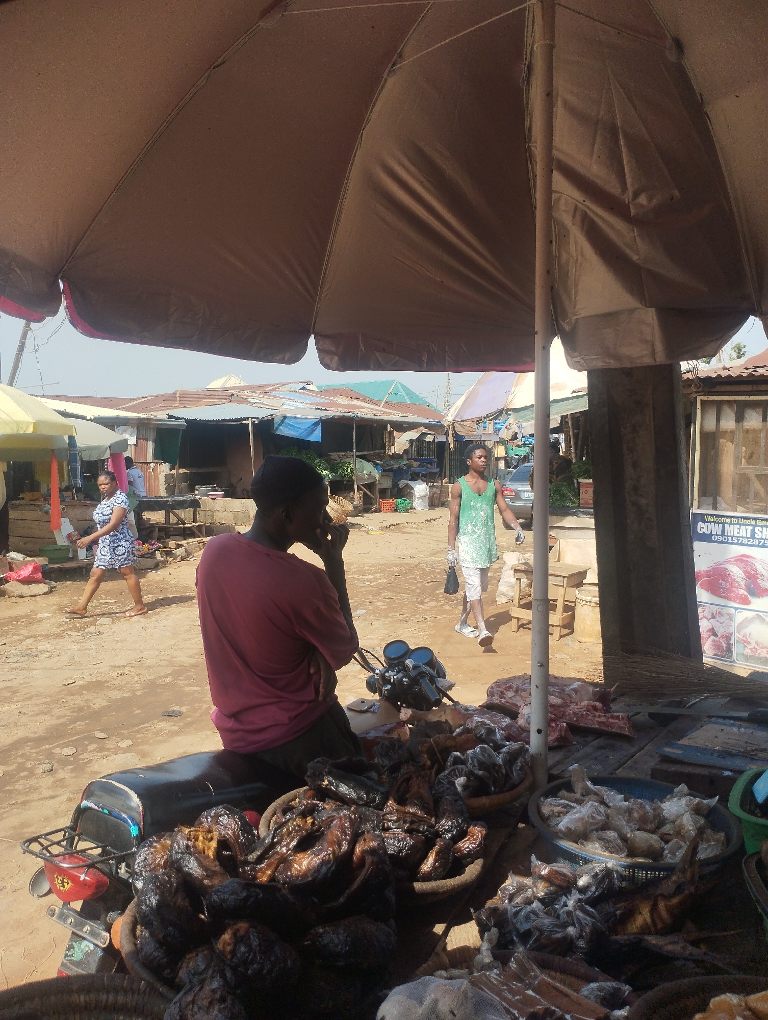 The image captures a bustling scene at a market in Dutsen Alhaji, Nigeria. A man sits on a motorcycle loaded with smoked fish, placed under a large umbrella for shade. Nearby, another man walks past, carrying a white bag. A woman in a patterned blue and white dress walks on the left of the frame. In the background, market stalls line the dusty area. A butcher's shop with a sign reading "Cow Meat Shop" is visible to the right. Various goods and people populate the market, creating a lively atmosphere under a bright, sunny sky.