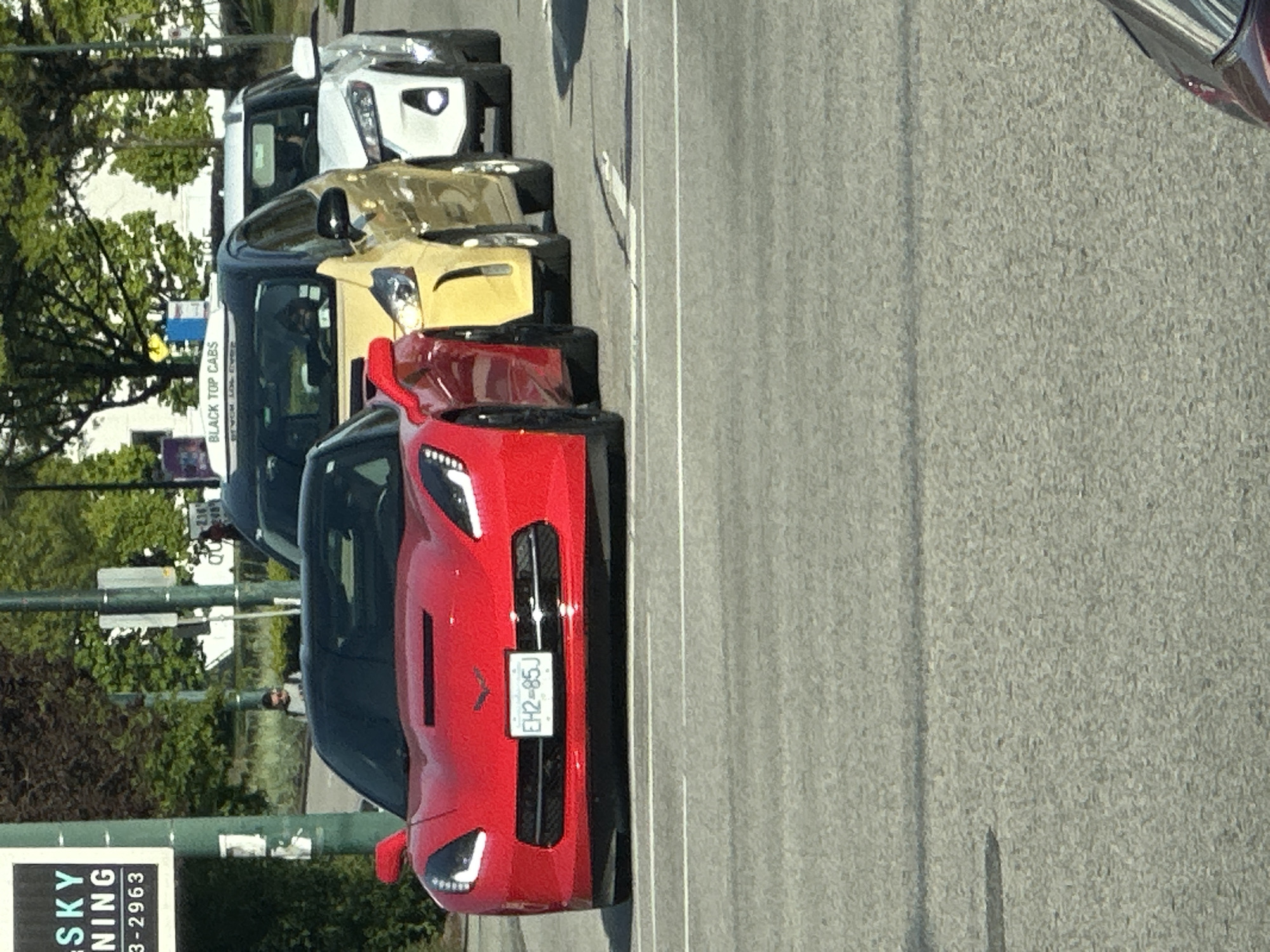 The image shows a street scene in Vancouver, Canada with several parked cars lined up along the curb. The foremost car is a red sports car with the license plate "EH2-85J". Behind it are a darker-colored sedan, a gold-colored hatchback, and a white SUV. A sign for "BLACK TOP CABS" is visible on one of the vehicles. A sign for "SKY NING" can be seen on a pole. A person can be seen walking near the cars. The road surface is gray asphalt. The vegetation suggests a suburban or urban neighborhood setting.